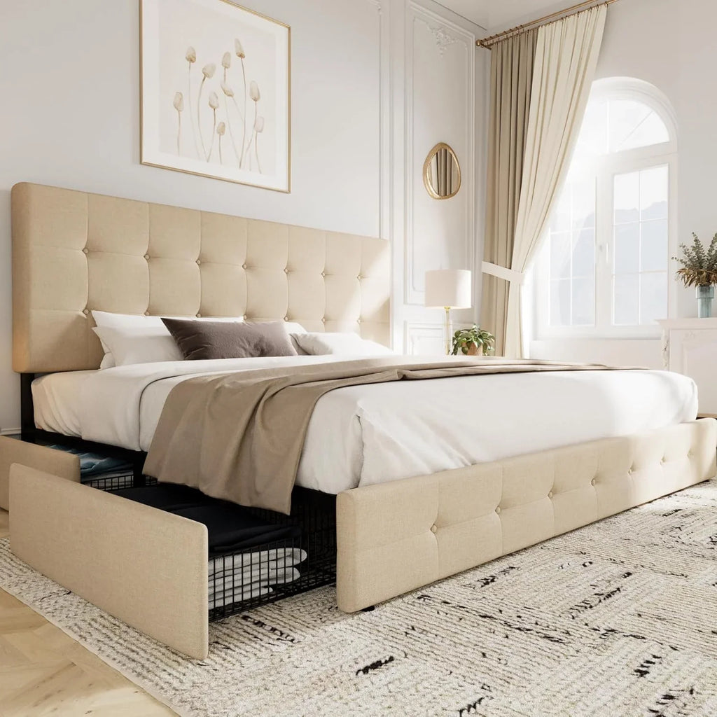 Queen Upholstered Linen Platform Bed Frame With 4 Storage Drawers, Light Grey - 83in L x 62.2in W x 42in H