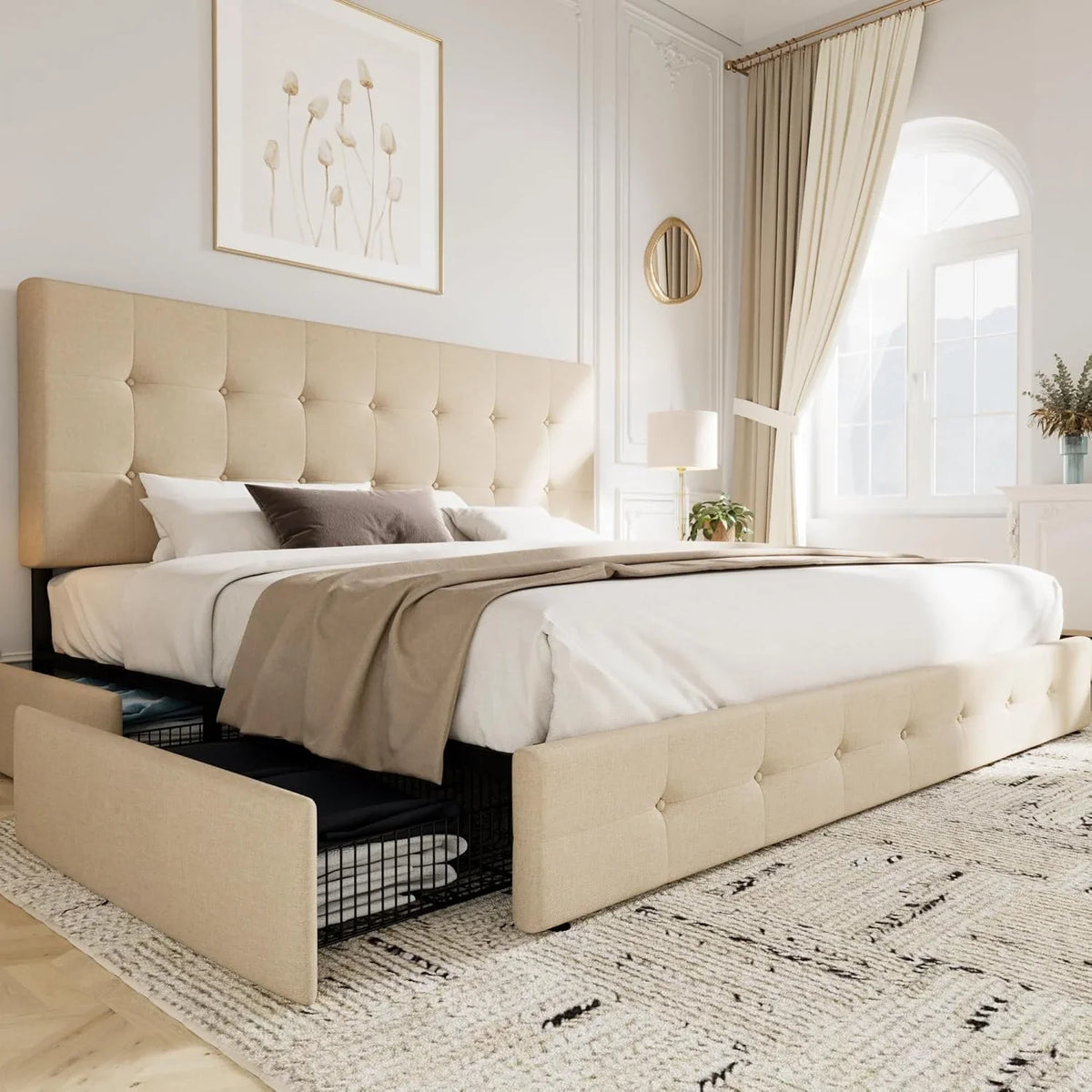 Queen Upholstered Linen Platform Bed Frame With 4 Storage Drawers, Light Grey - 83in L x 62.2in W x 42in H