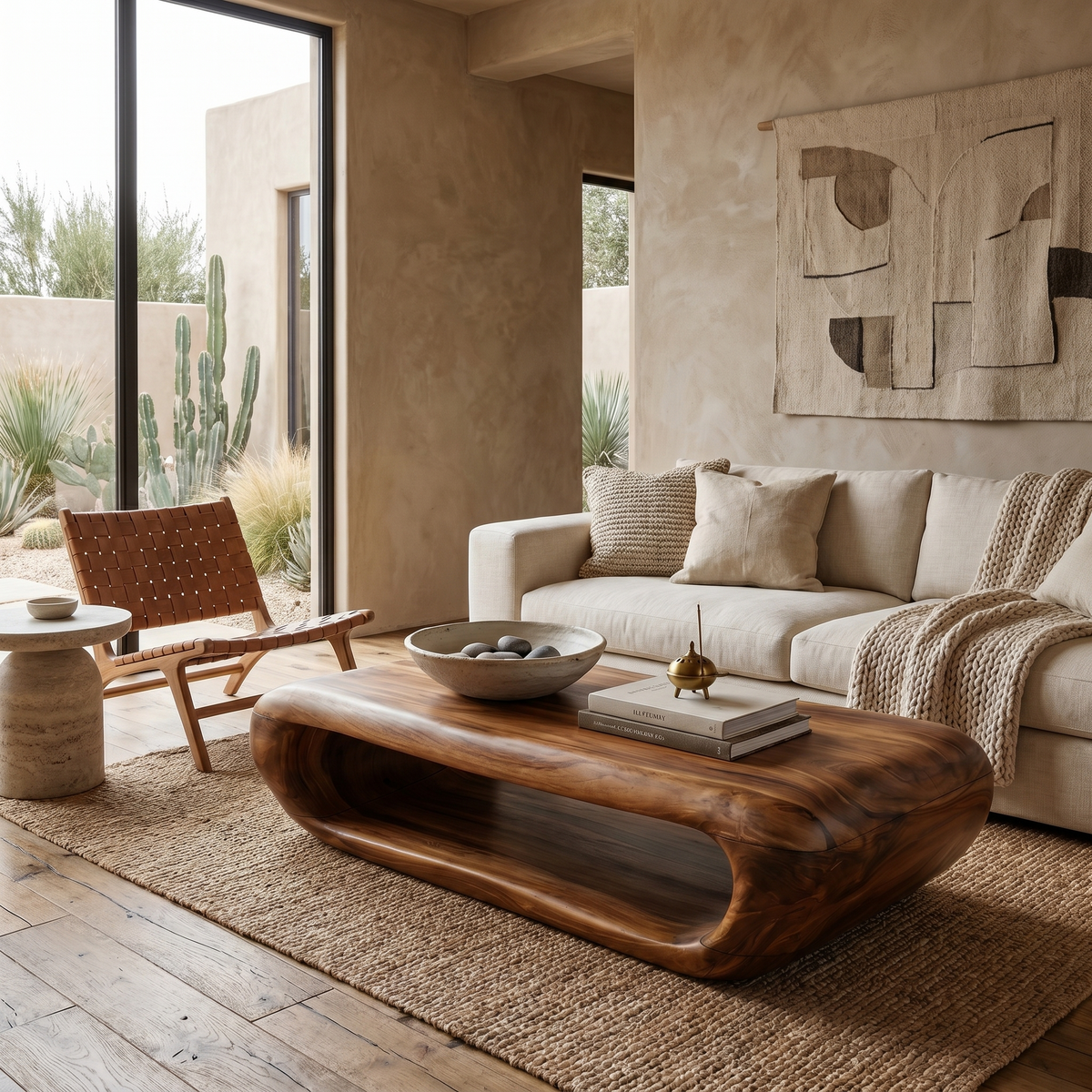 Organic Coffee Table with Open Storage, Solid Wood Living Room Table