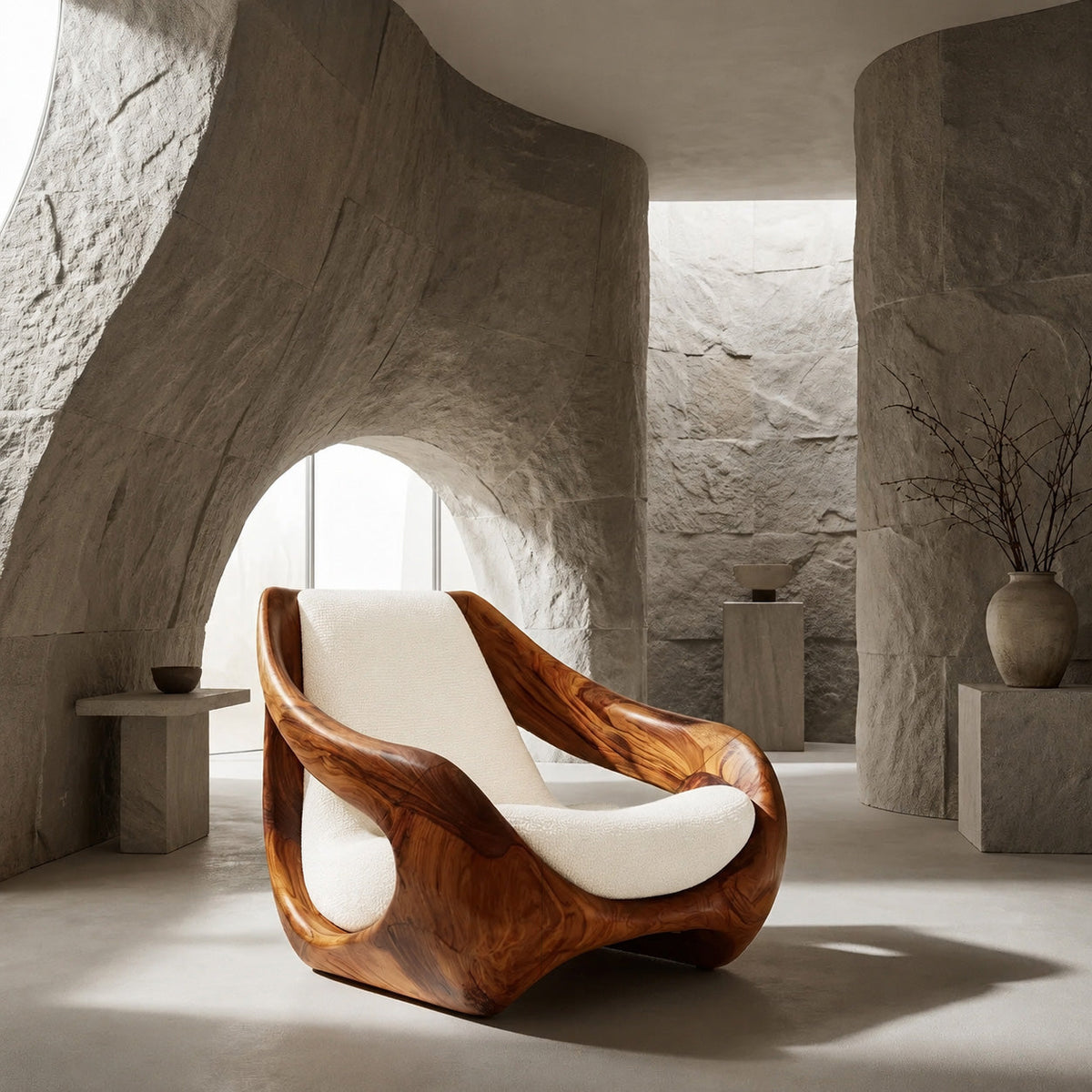 Sculptural Accent Chair, Solid Wood Lounge Armchair for Living Room