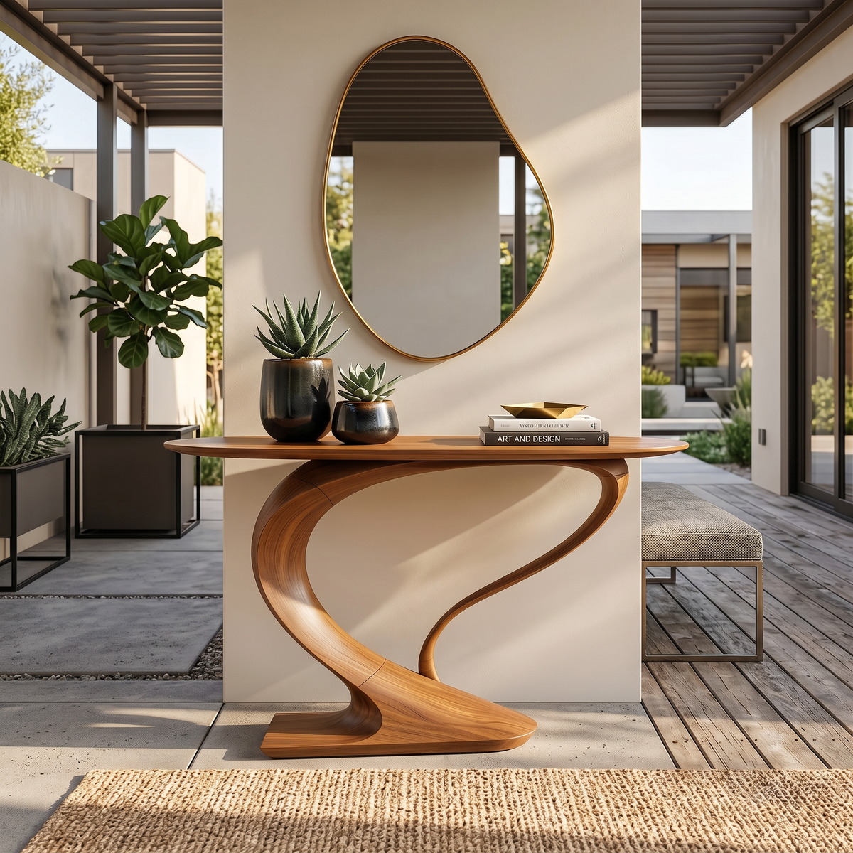 Curved Console Table, Contemporary Sculptural Solid Wood Design