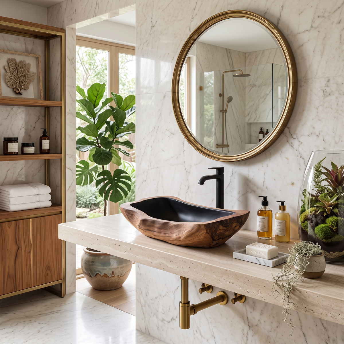 Wooden Vessel Sink, Farmhouse Rustic Hand-Carved Bathroom Basin