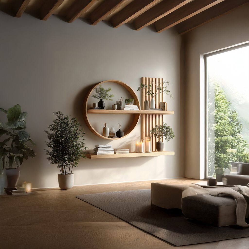 Japandi Wall Shelf, Round Slatted Solid Wood Floating Display Shelf