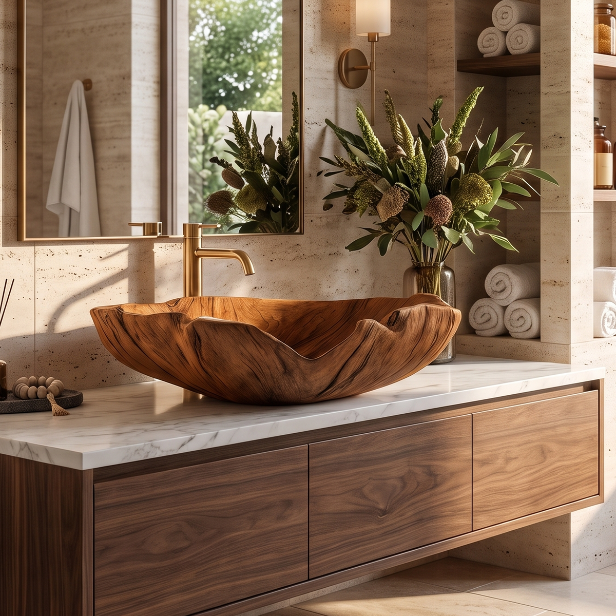Wooden Vessel Sink, Farmhouse Hand Carved Solid Wood Bathroom Basin