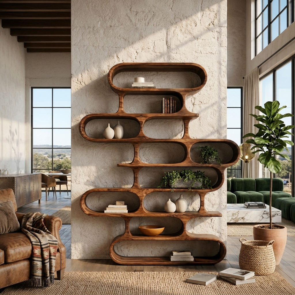 Sculptural Wood Bookshelf, Curved Organic Bookcase for Living Room