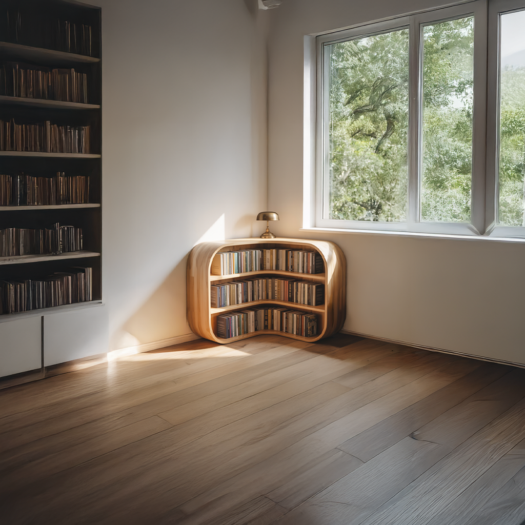 Mid Century Corner Bookshelf, Sculptural Solid Wood Shelf for Study