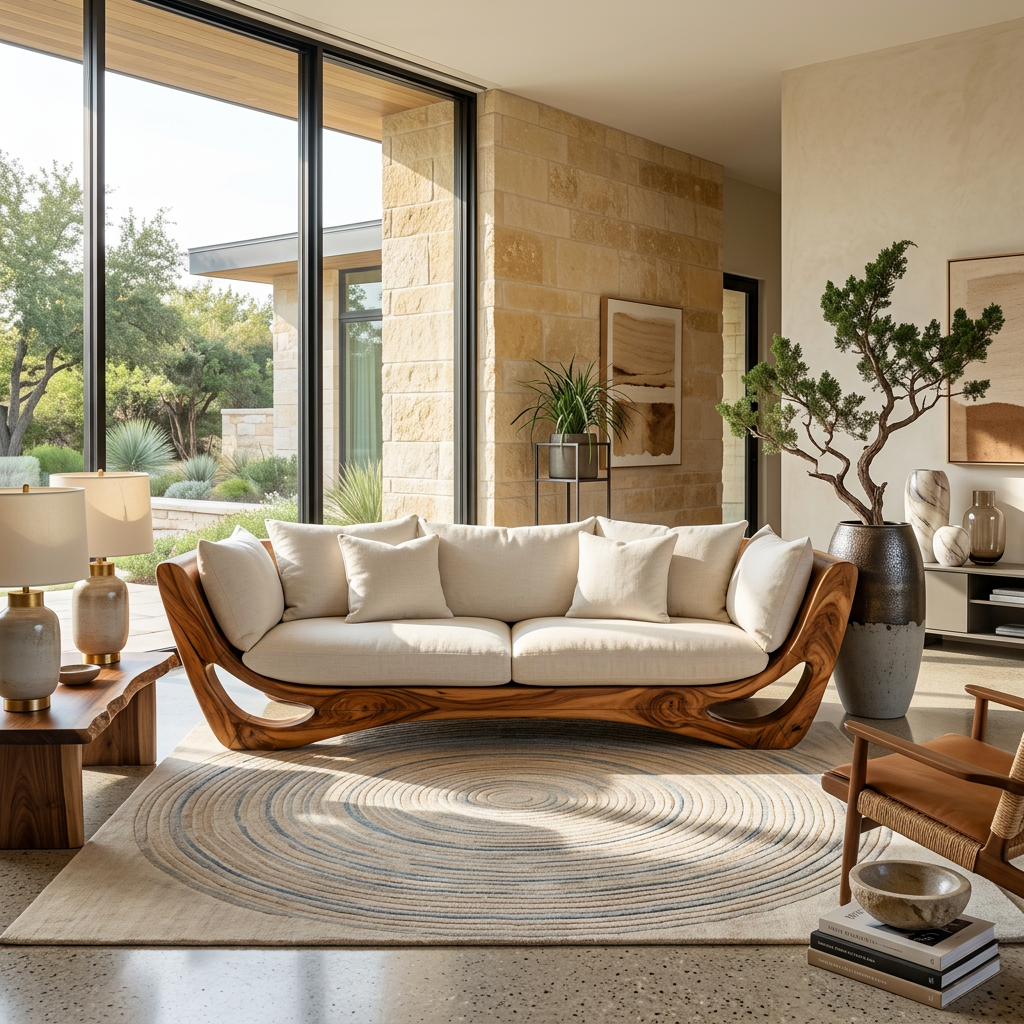 Wood Frame Sofa, Modern Sculptural Solid Wood Couch with Cushions