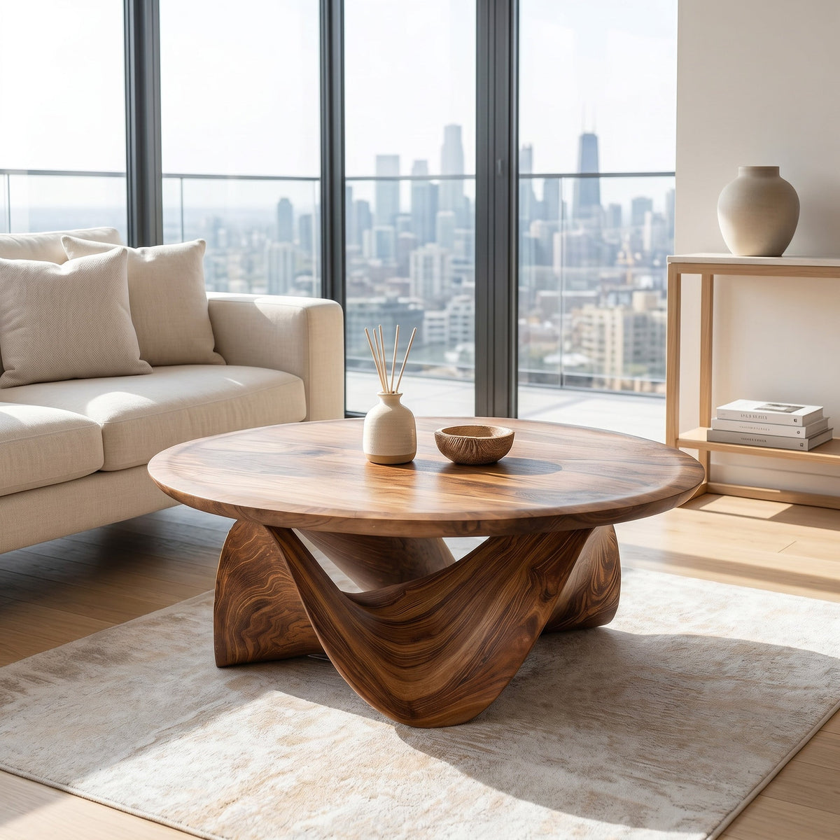 Round Coffee Table, Sculptural Solid Wood Low Table for Living Room