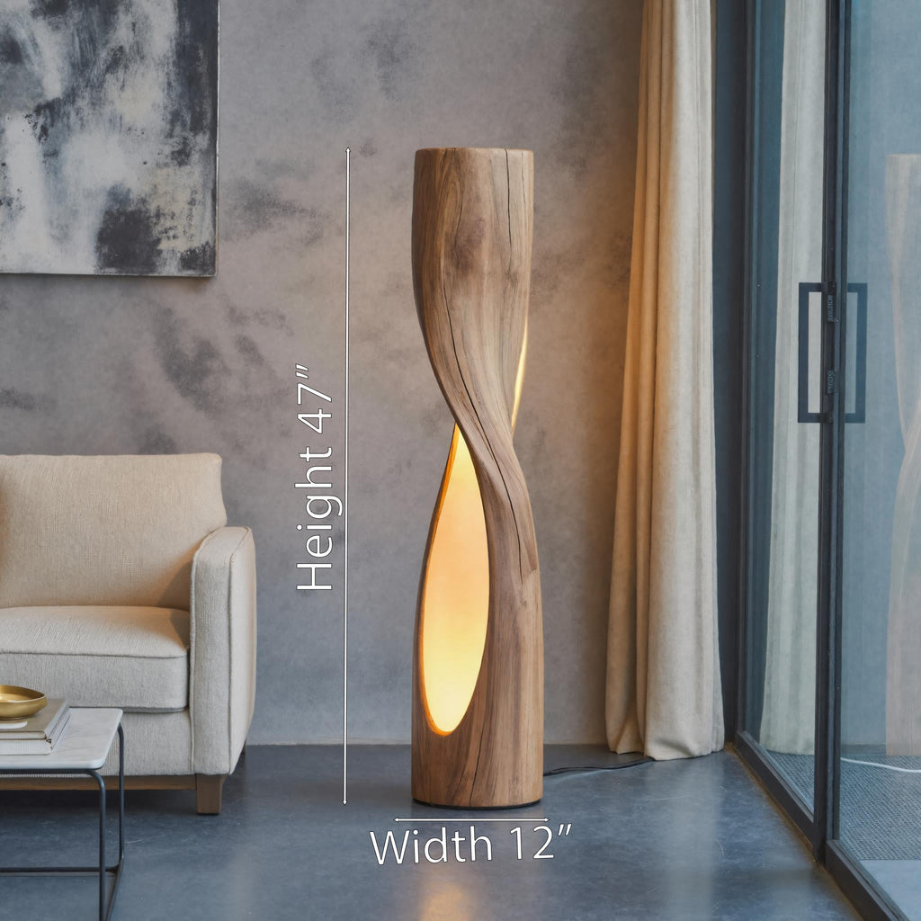 Twisted Floor Lamp, Sculptural Carved Wood Standing Lamp for Bedroom
