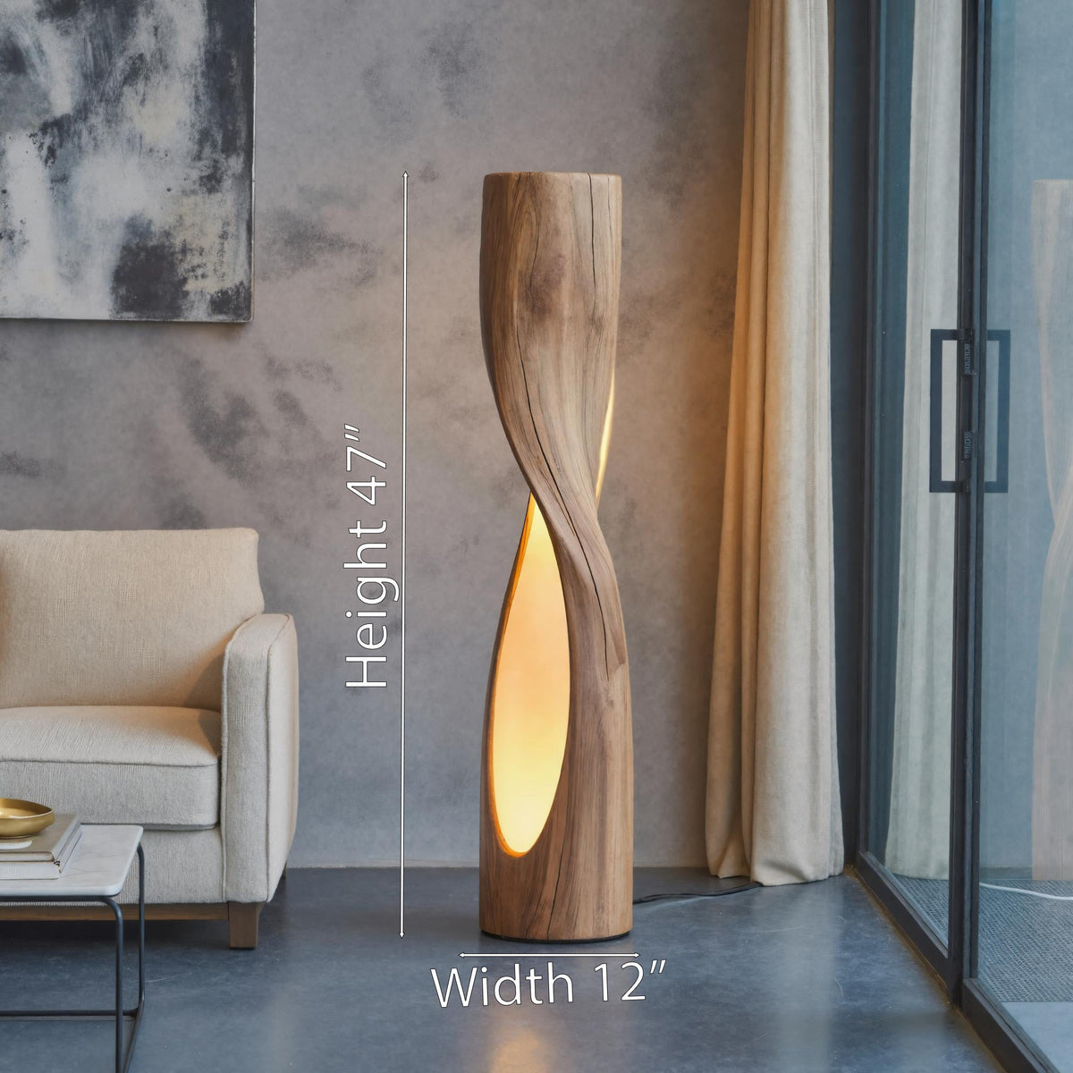 Twisted Floor Lamp, Sculptural Carved Wood Standing Lamp for Bedroom
