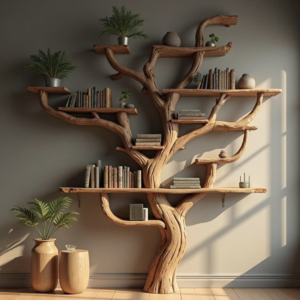Corner Tree Branch Bookshelf, Wall Mounted Wood Bookcase