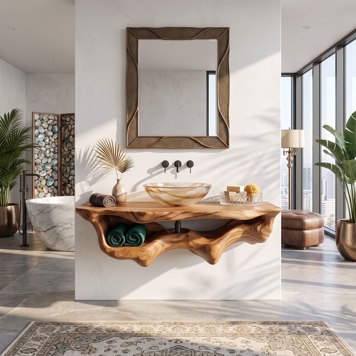 Live Edge Floating Vanity Shelf, Mid Century Wood Bathroom Counter