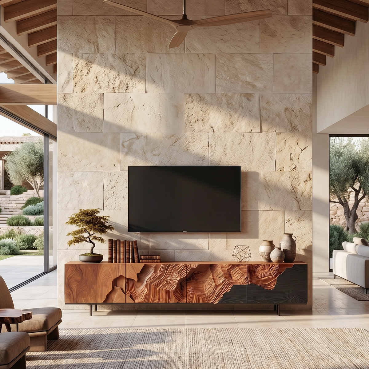 Rustic TV Stand, Solid Wood Media Console with Open Shelving