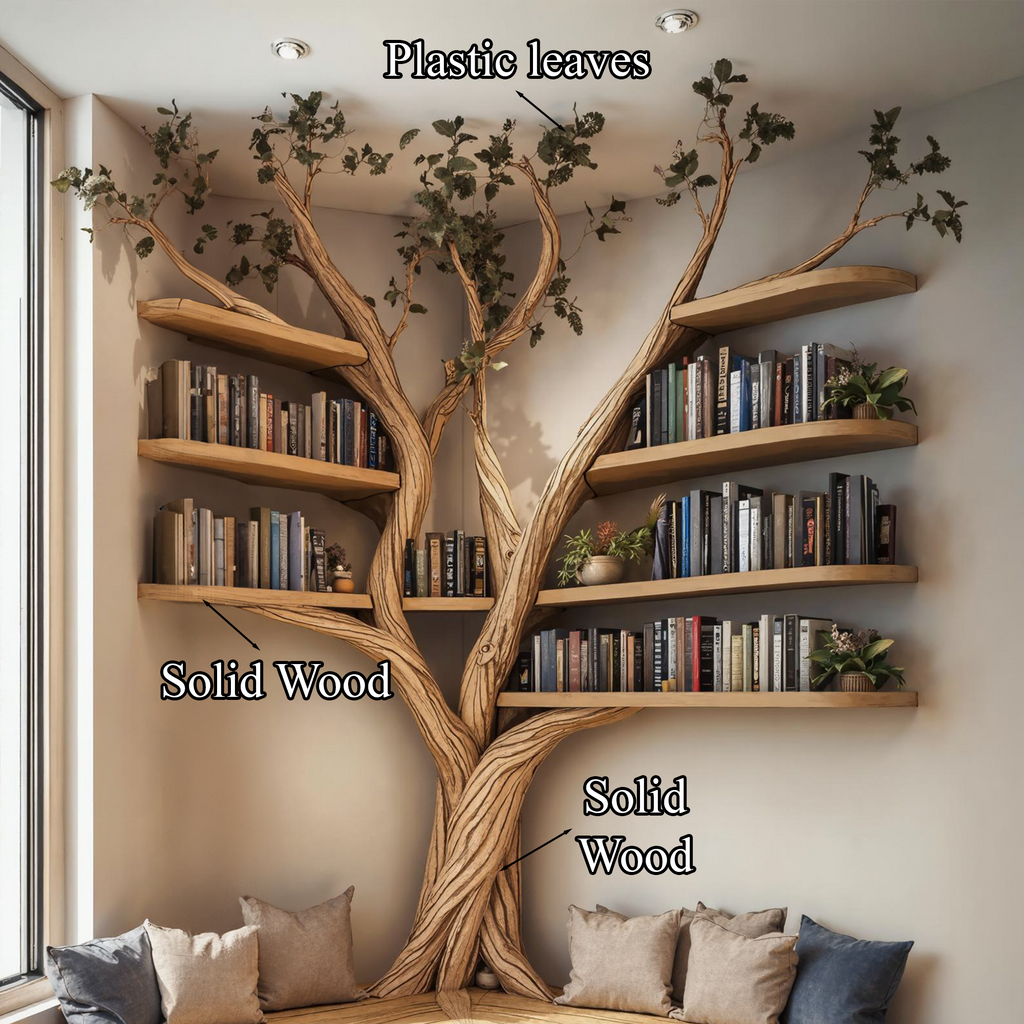 Corner Bench with Tree Bookshelf, L-Shaped Reading Nook Seating