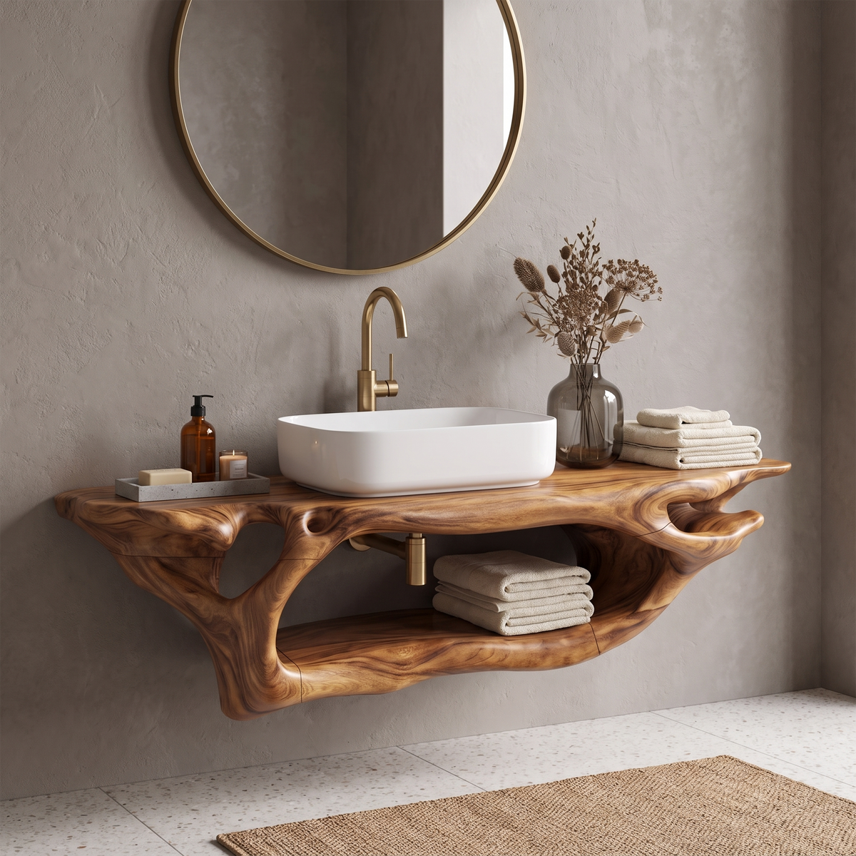 Rustic Bathroom Vanity, Live Edge Solid Wood Floating Sink Shelf