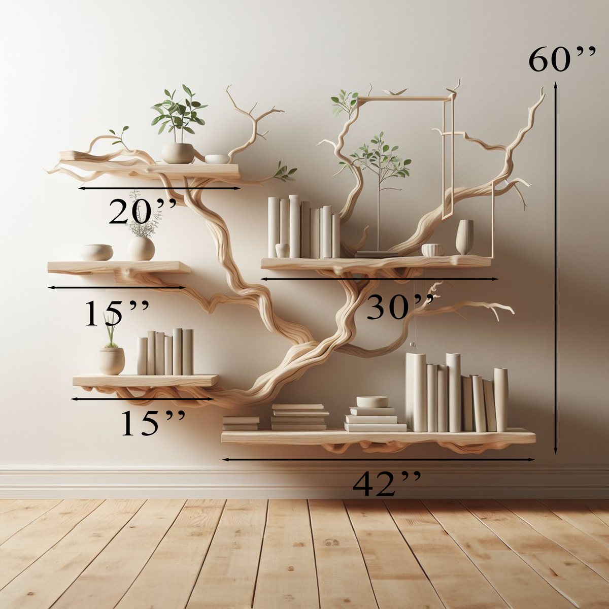 Tree Bookshelf Wall Mounted, Carved Solid Wood Branch Shelf in White