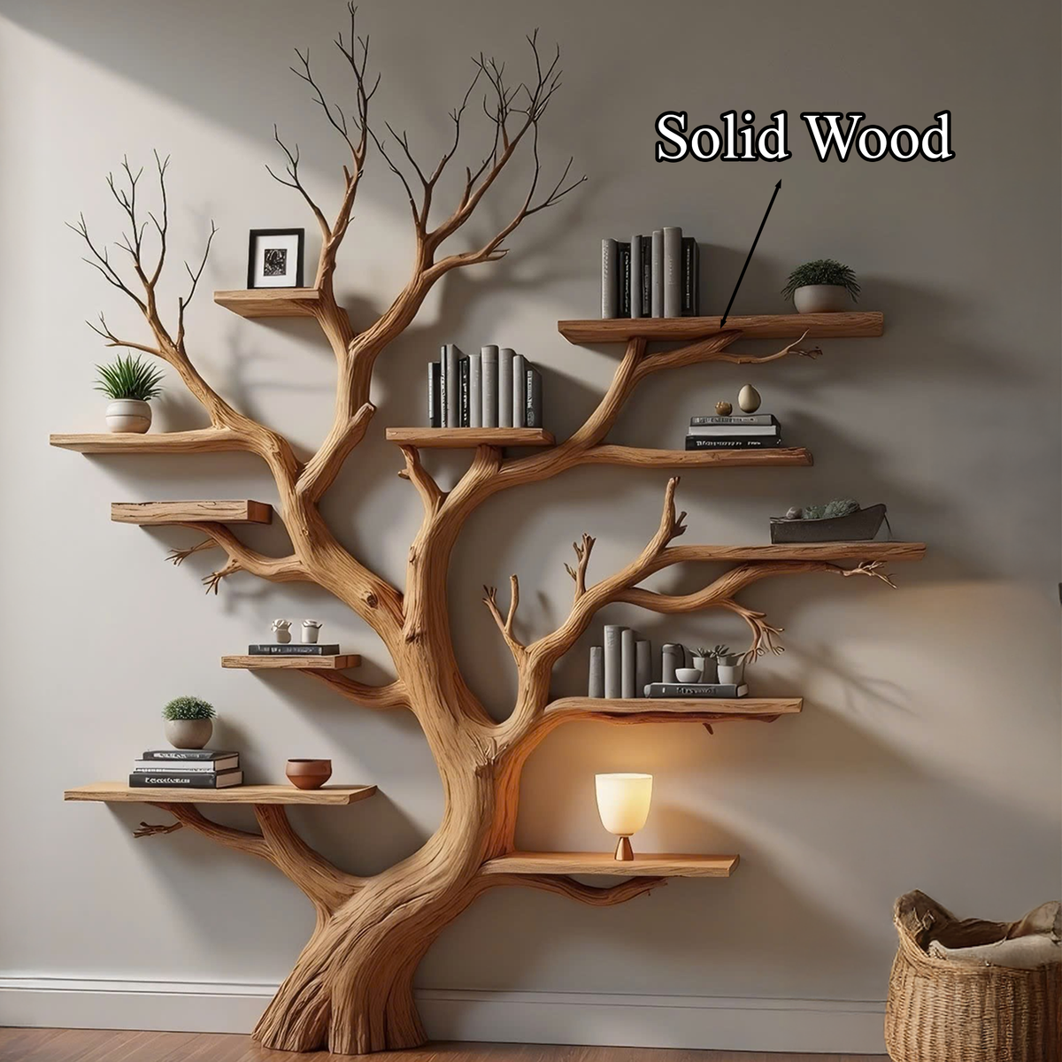 Tree Bookshelf, Wall Mounted Wood Branch Shelf for Living Rooms