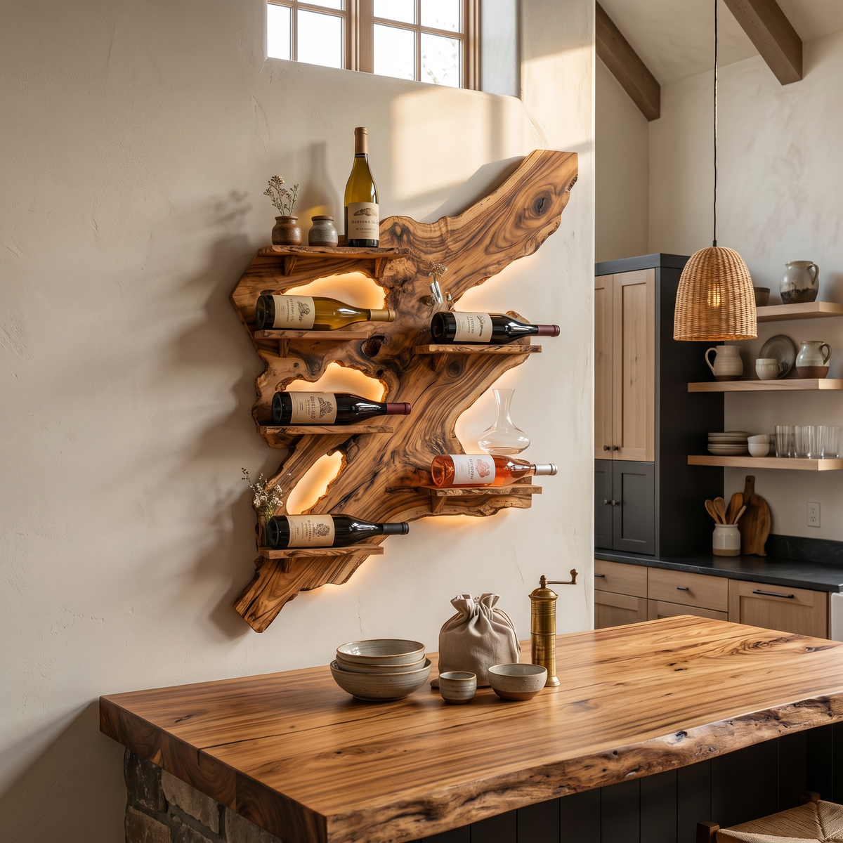Rustic Wine Rack, Monkey Pod Wood Wall Display for Home Bar