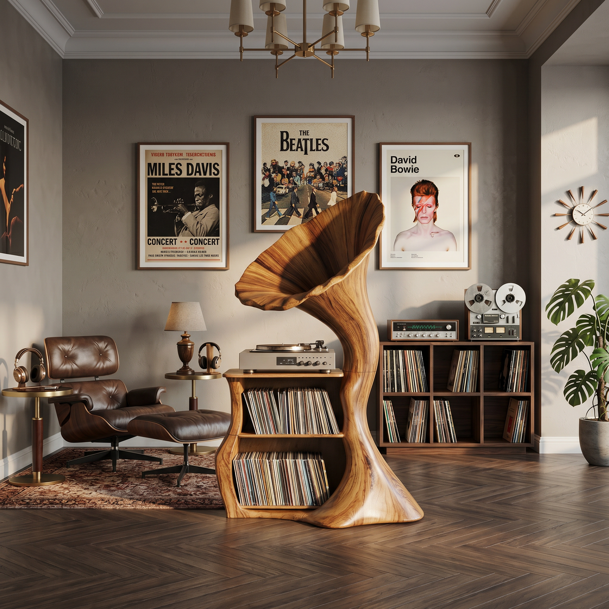 Tall Record Player Stand, Hardwood Cube Vinyl Storage for Living Room