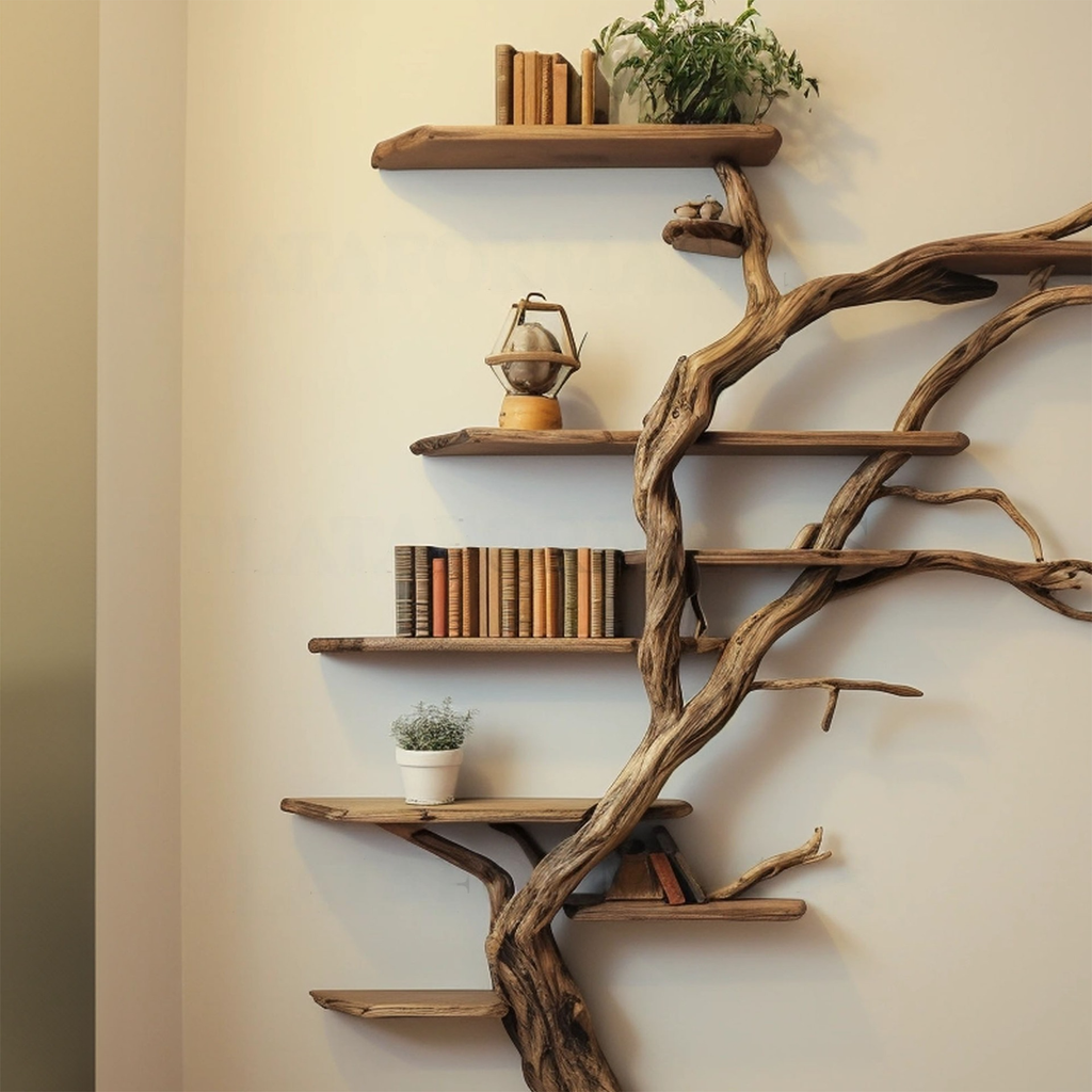 Tall Tree Shelf Wall Mount, Wild Mulberry Wood Bookcase in Dark Brown