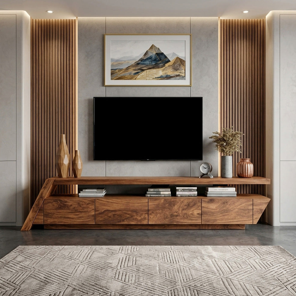 TV Stand, Modern Geometric Mid Century Solid Wood Media Console