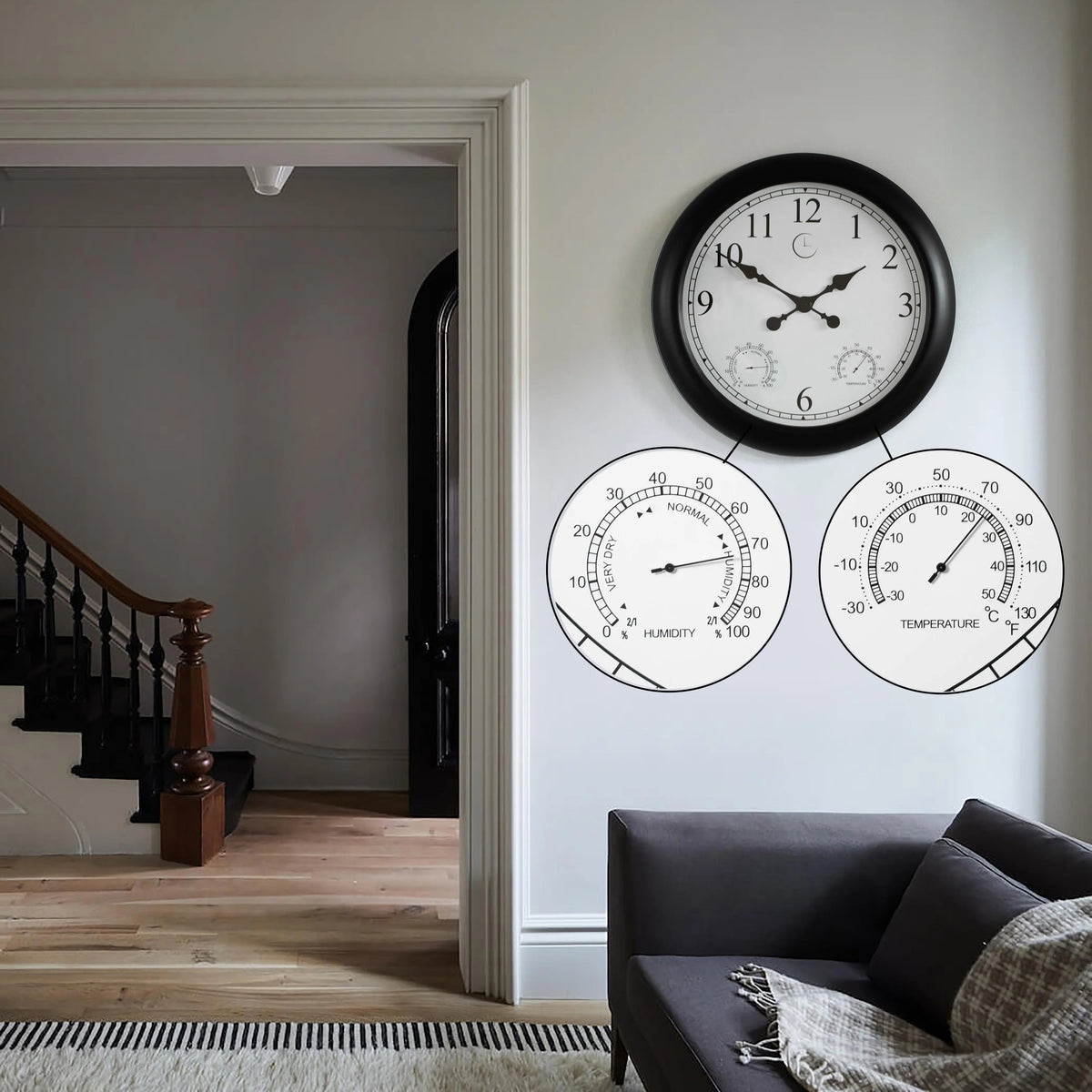 Outdoor Wall Clock With Thermometer And Hygrometer, 24-Inch, Black