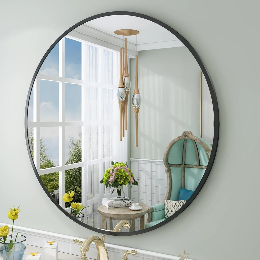Round Metal Black Frame Bathroom Vanity Mirror - Wall Mounted