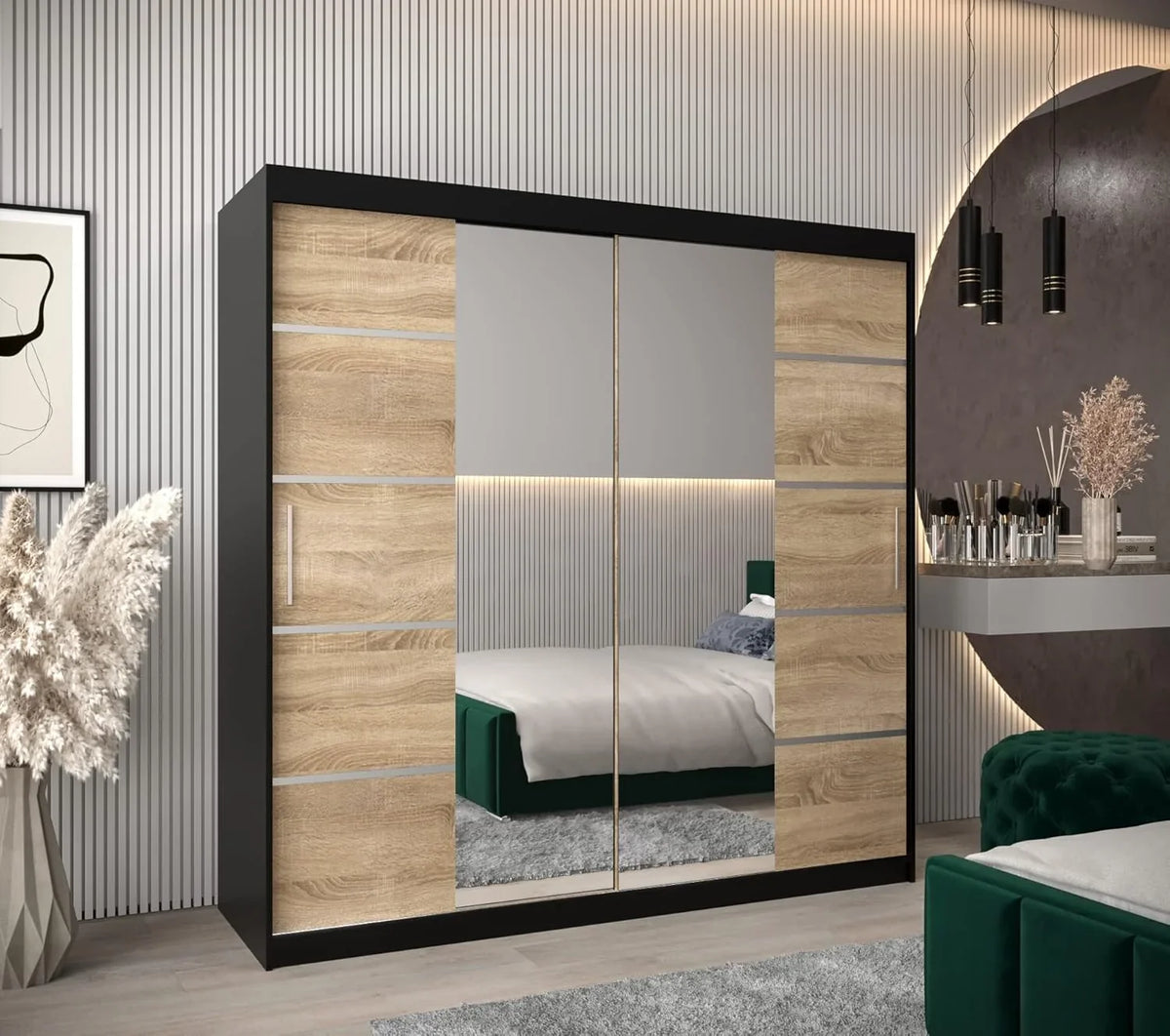 ABIKSMEBLE Bedroom Wardrobe With 3 Sliding Doors, Mirror, Black Matte And Sonoma, 200 x 200 x 62 cm - Verona 4 200