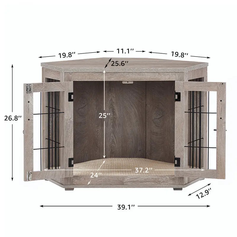Unipaws Corner Wooden Dog Crate Furniture, Medium, Weathered Gray - Indoor Pet Kennel End Table With Cushion