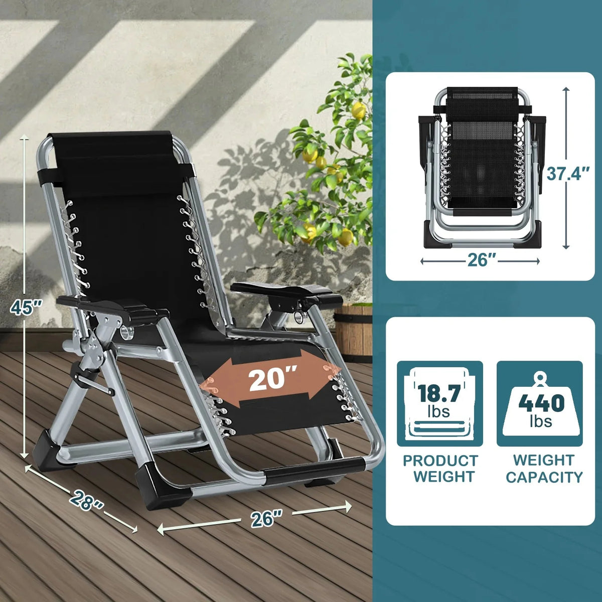 NAIZEA Zero Gravity Chair With Removable Cushion, Cup Holder, and Black Color