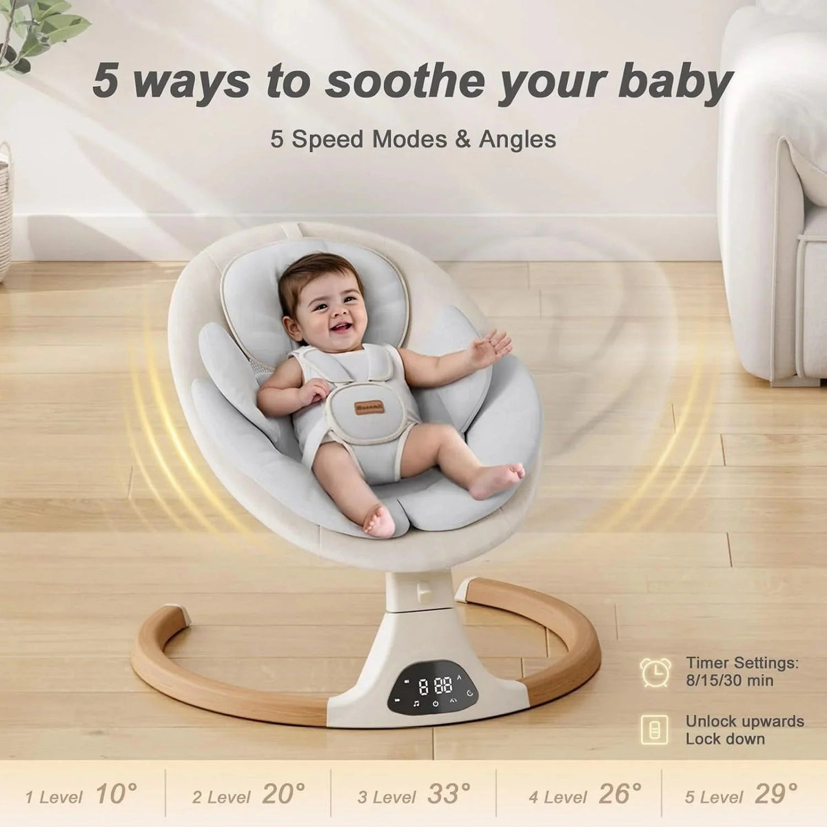 Monamii Bluetooth Infant Swing With Music Speaker, 5 Speeds And Remote Control