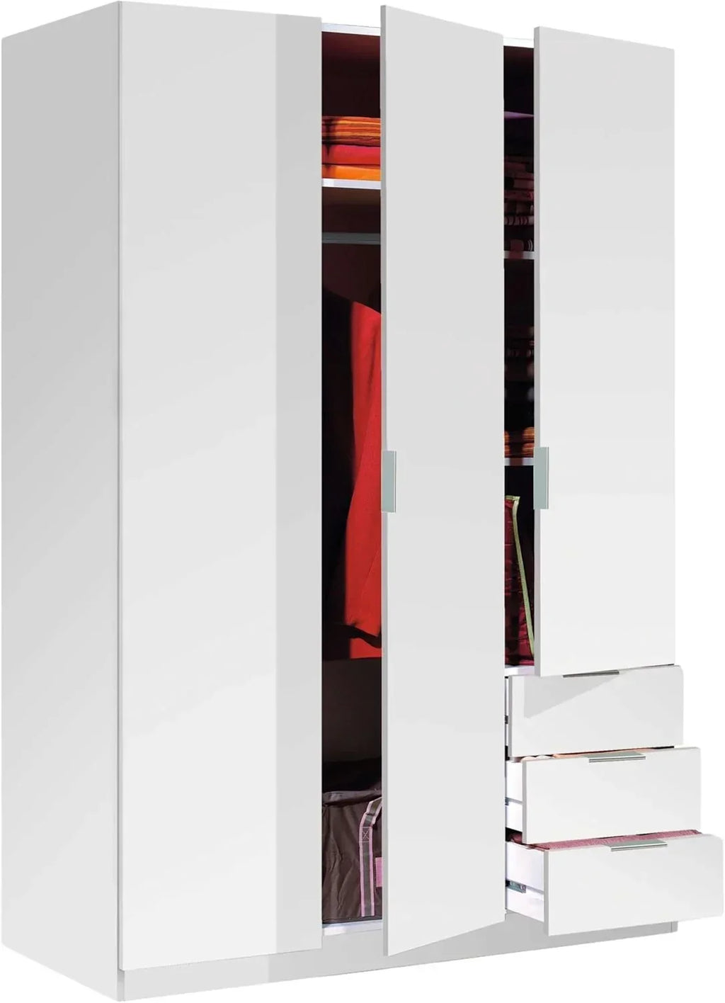 Habitdesign Three-Door Three-Drawer Wardrobe Closet, Artic White, 121 cm W x 180 cm H x 52 cm D