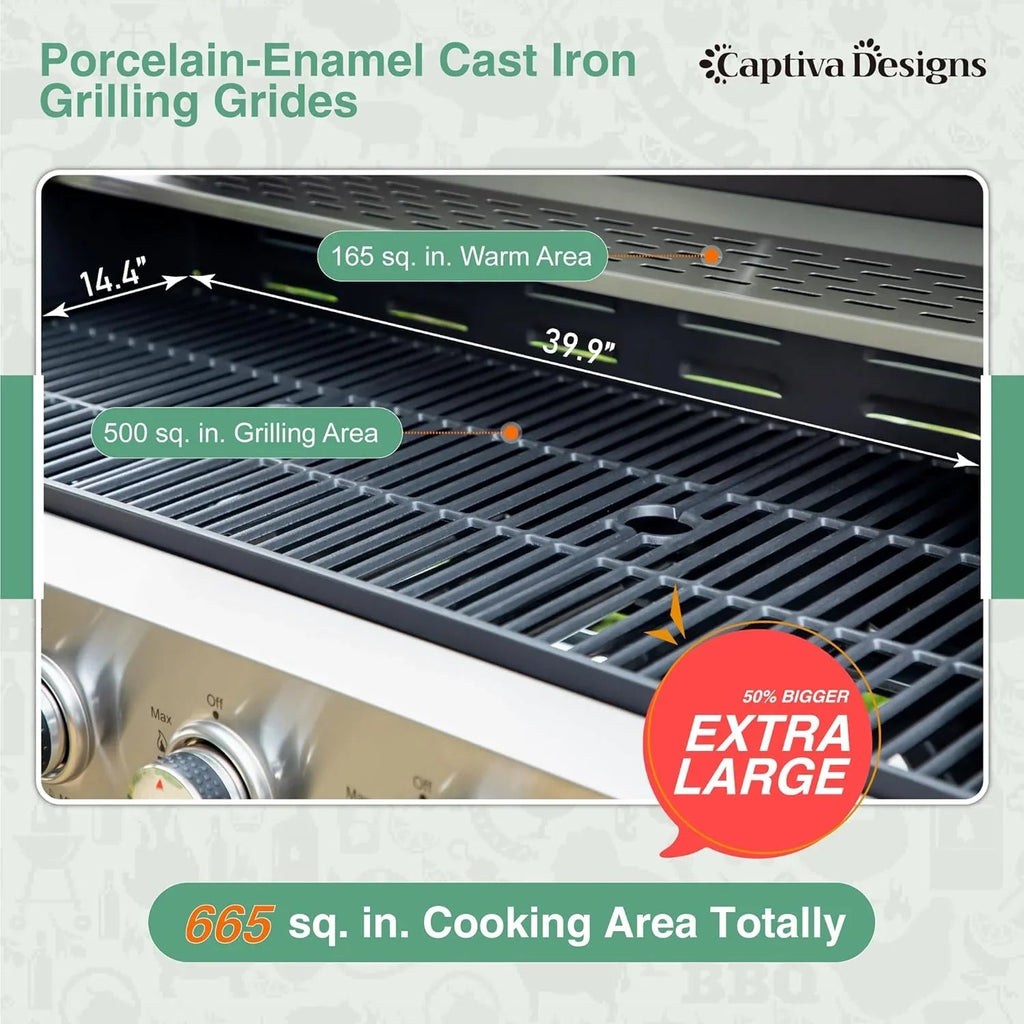 Captiva Designs 4-Burner Propane Gas Grill With Side Burner, 42,000 BTU, Silver - GR001