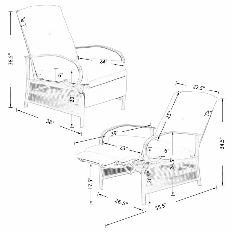 Adjustable Patio Recliner Lounge Chair With Cushion, 300 lbs - 38 (D) x 26.5 (W) x 38.5 (H) Inches