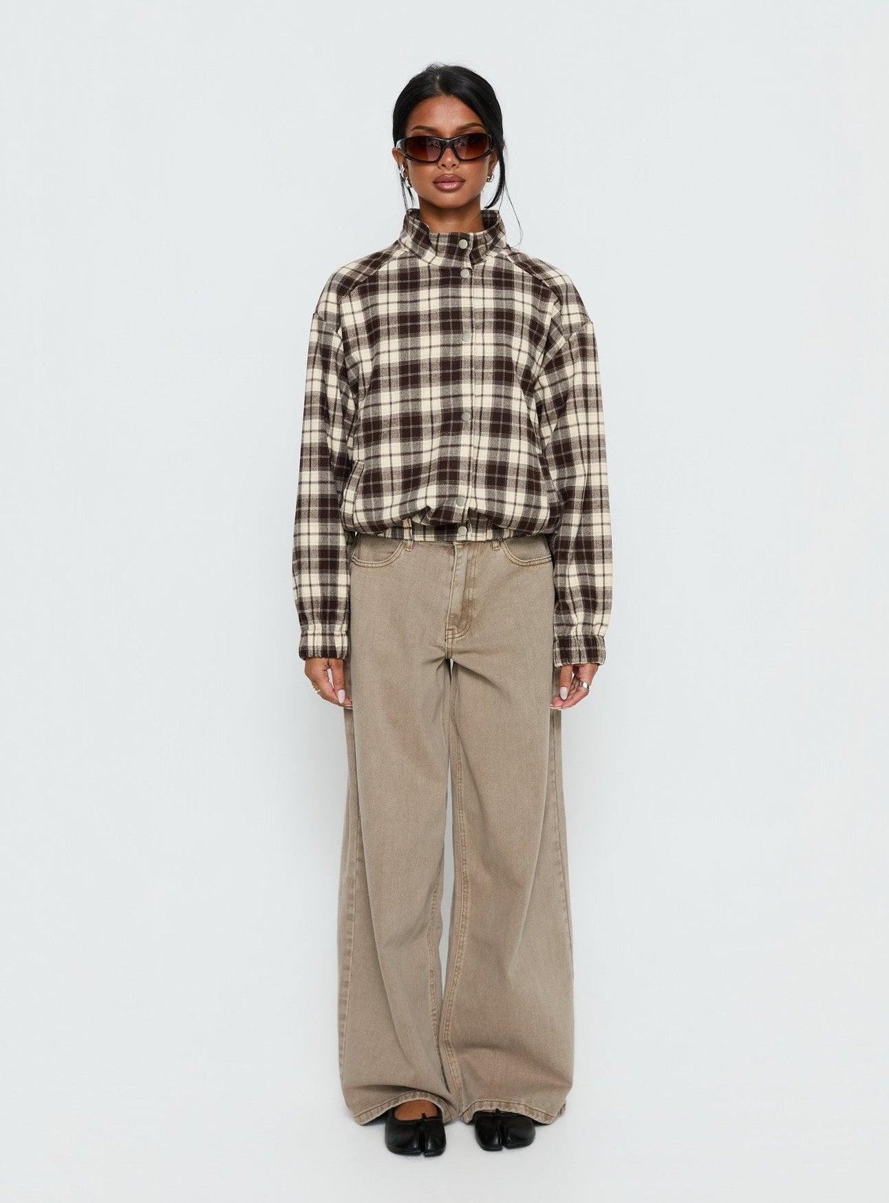 Funnel Neck Button Down Jacket Brown Check