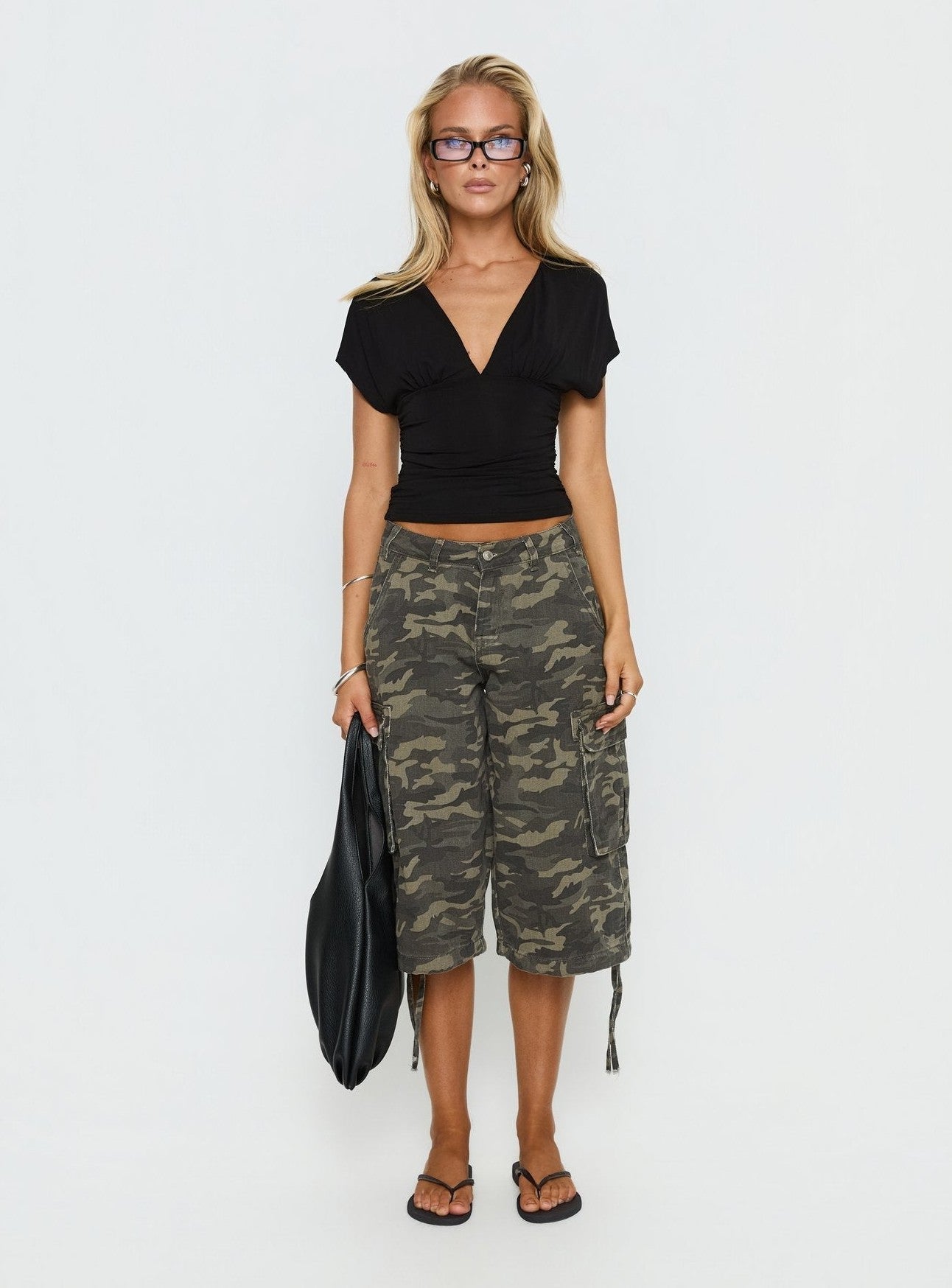 Cinched V Neck Top Black