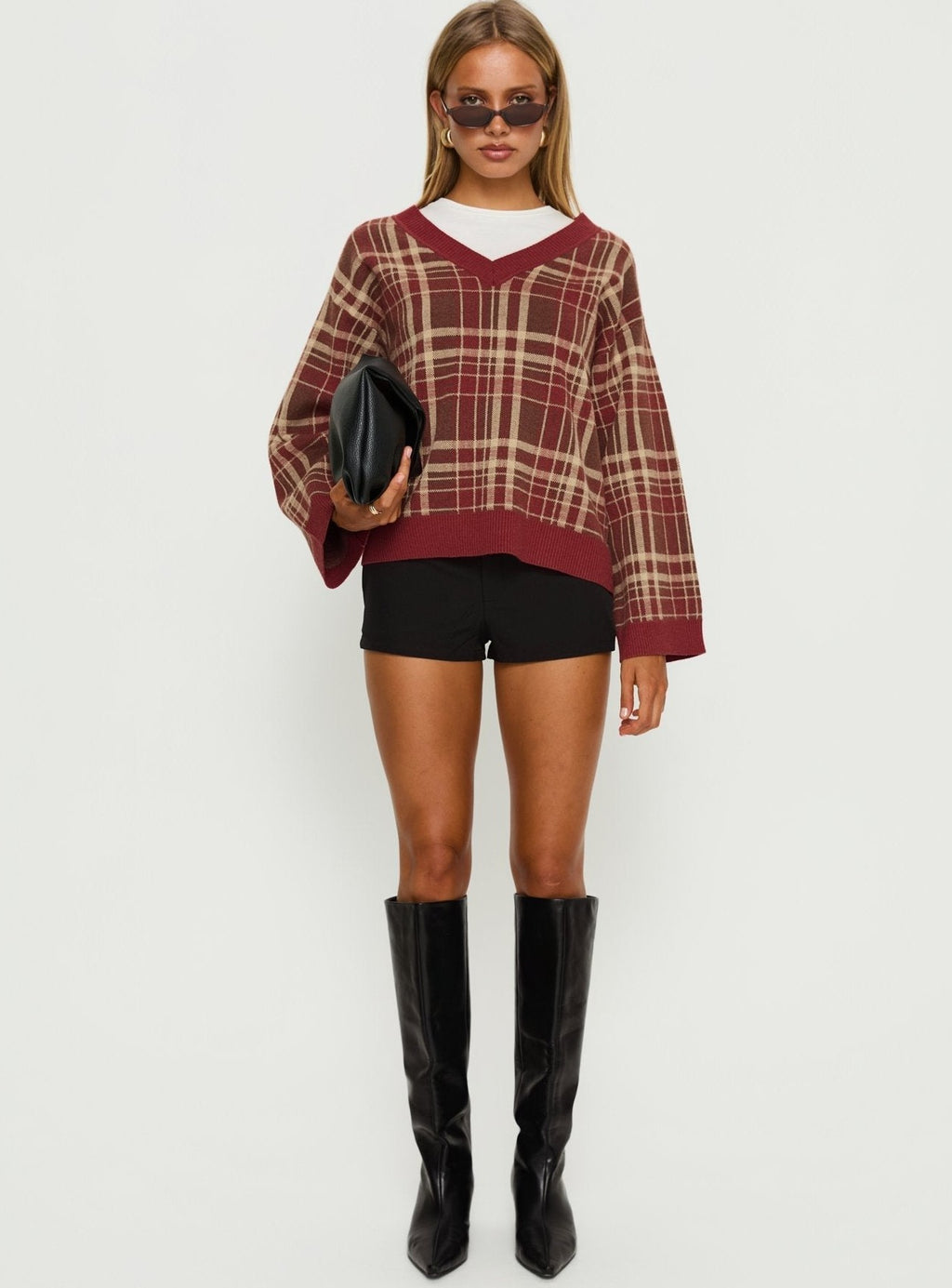 V Neck Knit Sweater Red Plaid