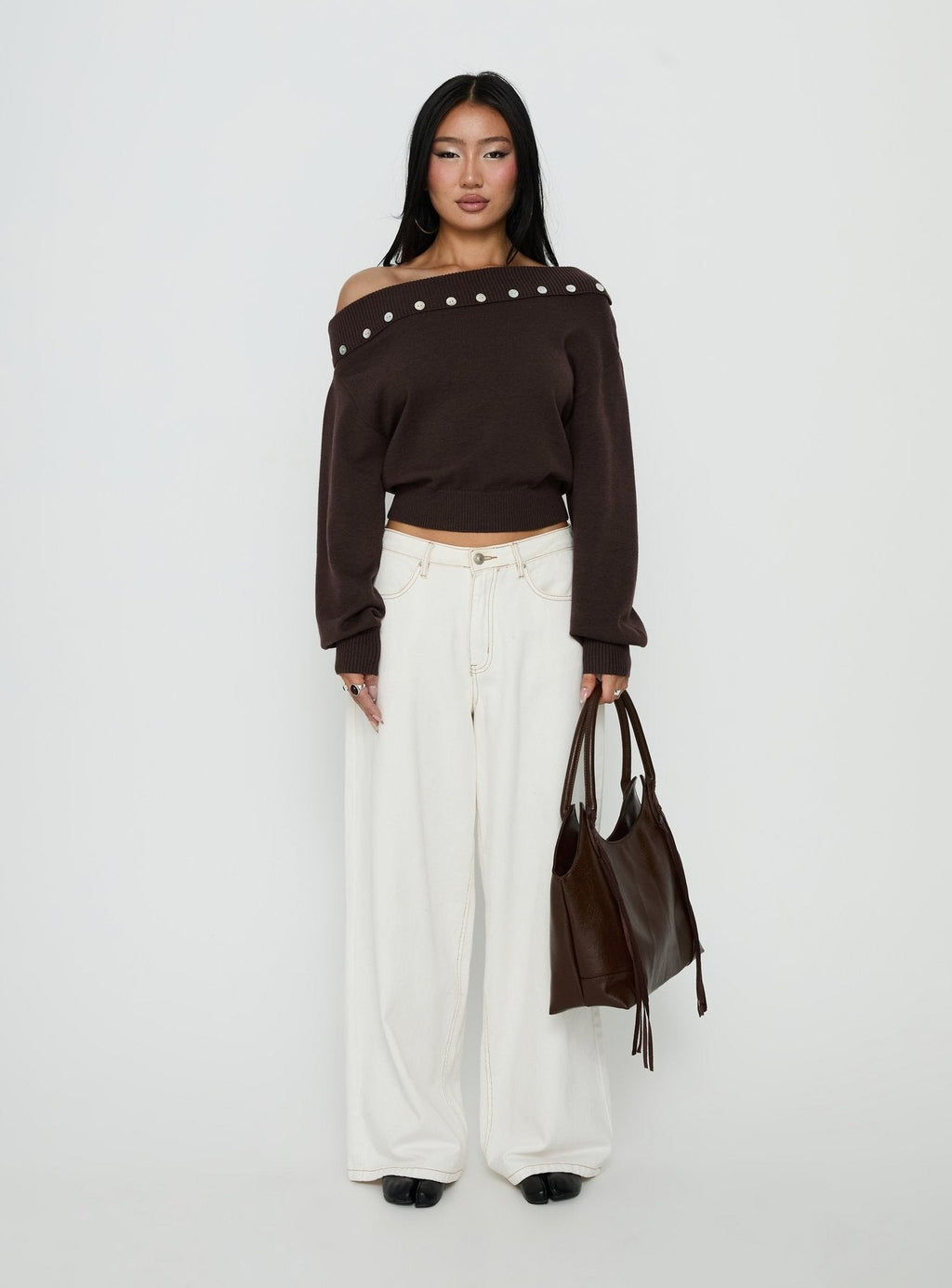 Off Shoulder Foldover Sweater Brown
