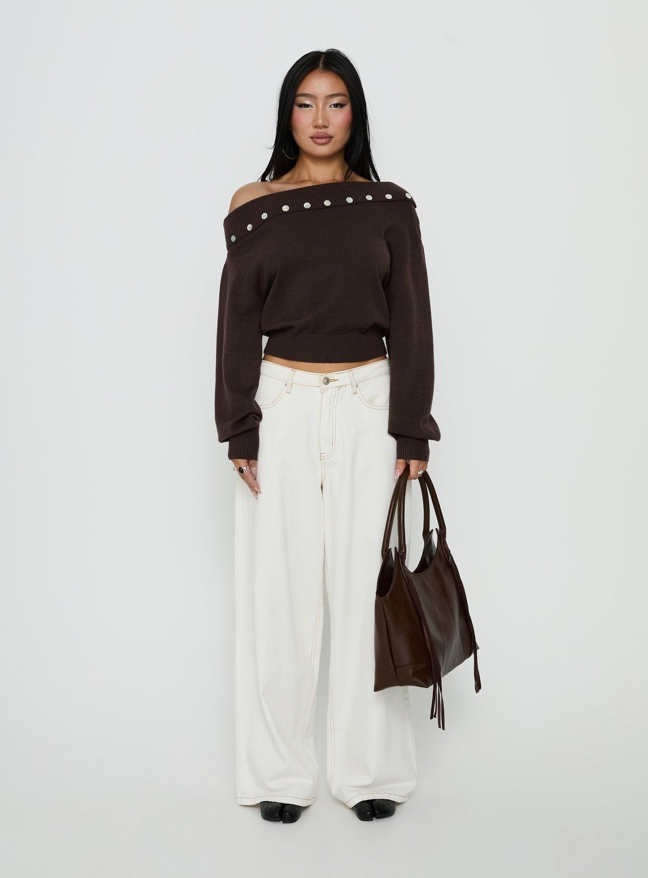 Off Shoulder Foldover Sweater Brown