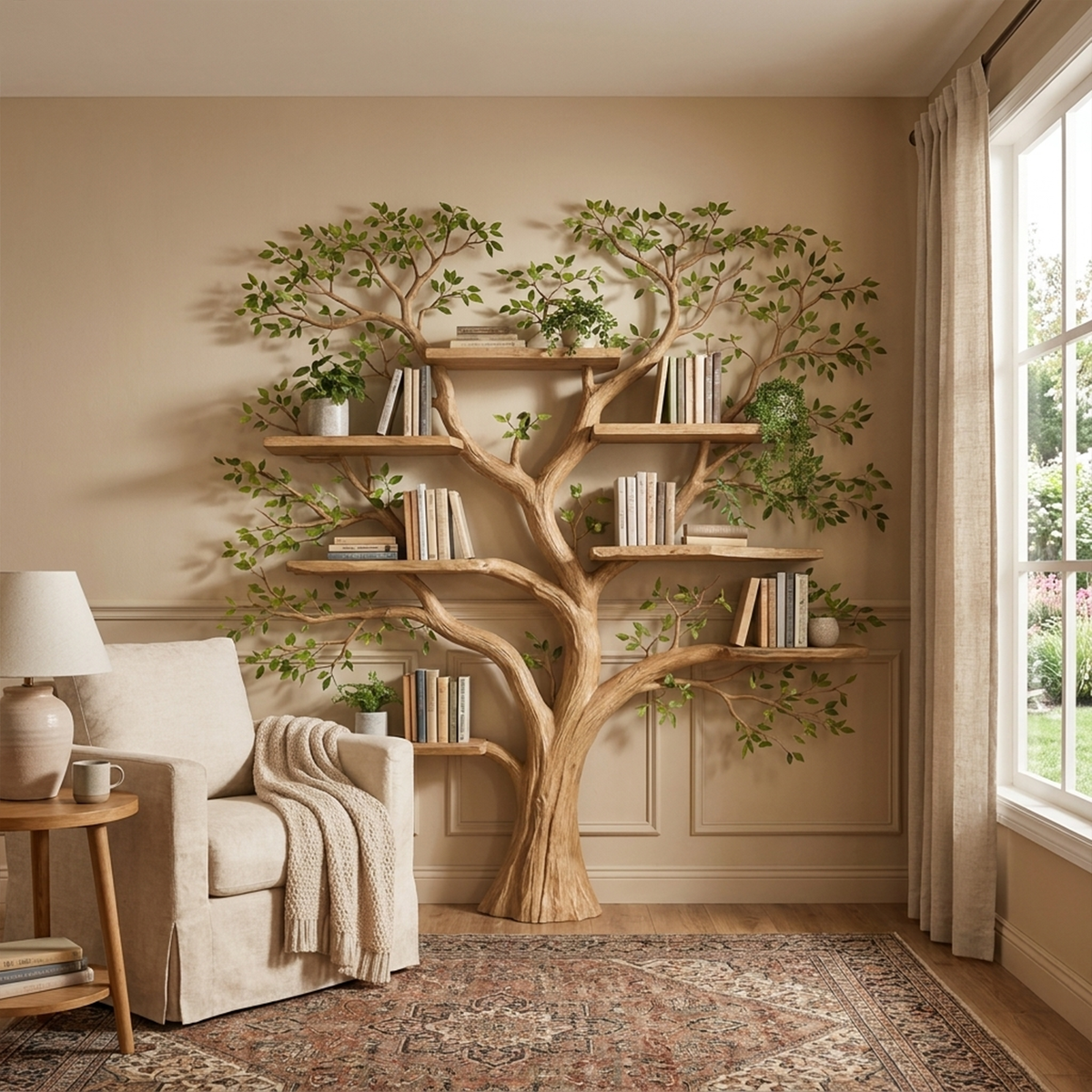 Wall Mounted Tree Bookcase, Floating Branch Display Shelf in Wood