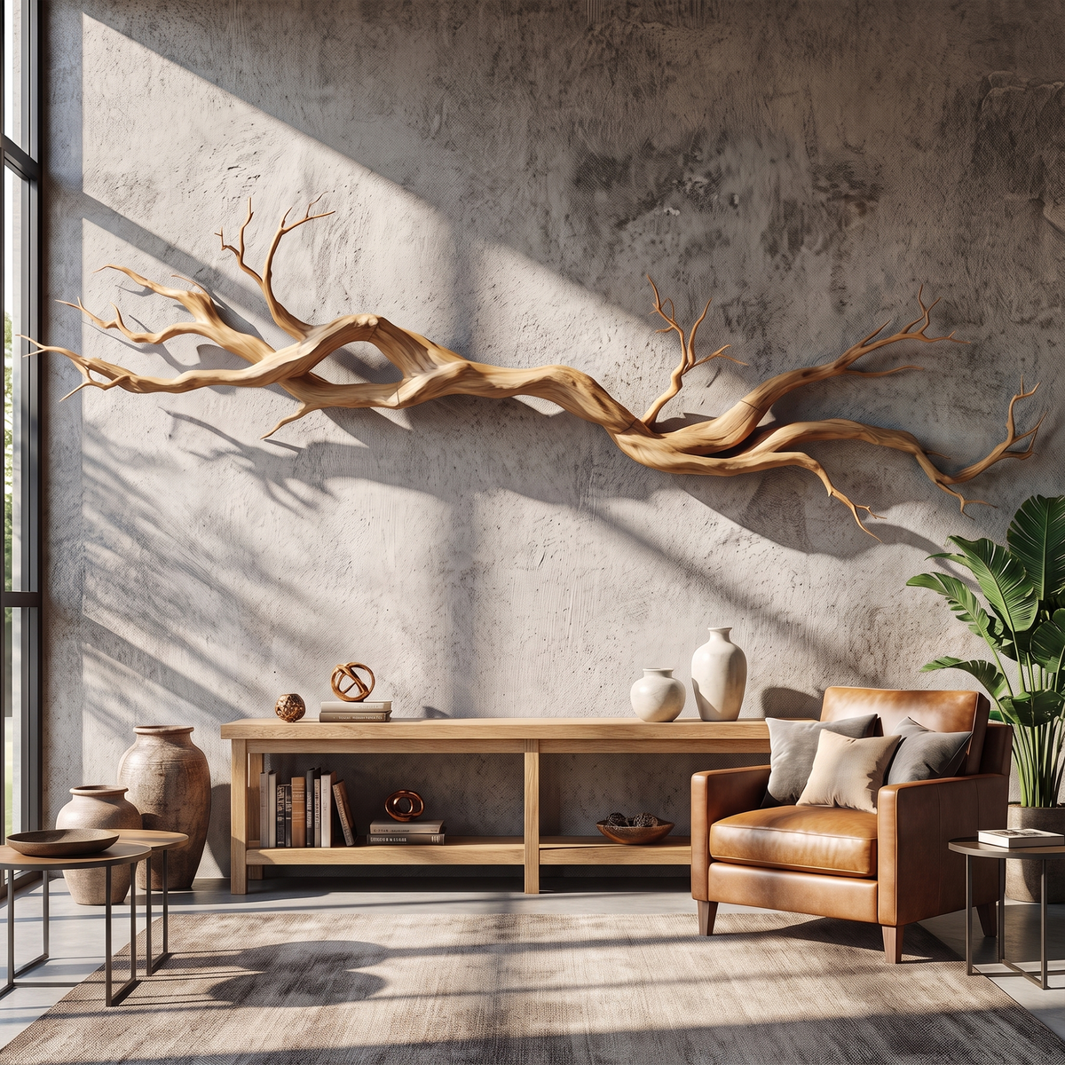 Carved Vine Wood Wall Sculpture, Modern Solid Wood Statement Wall Art