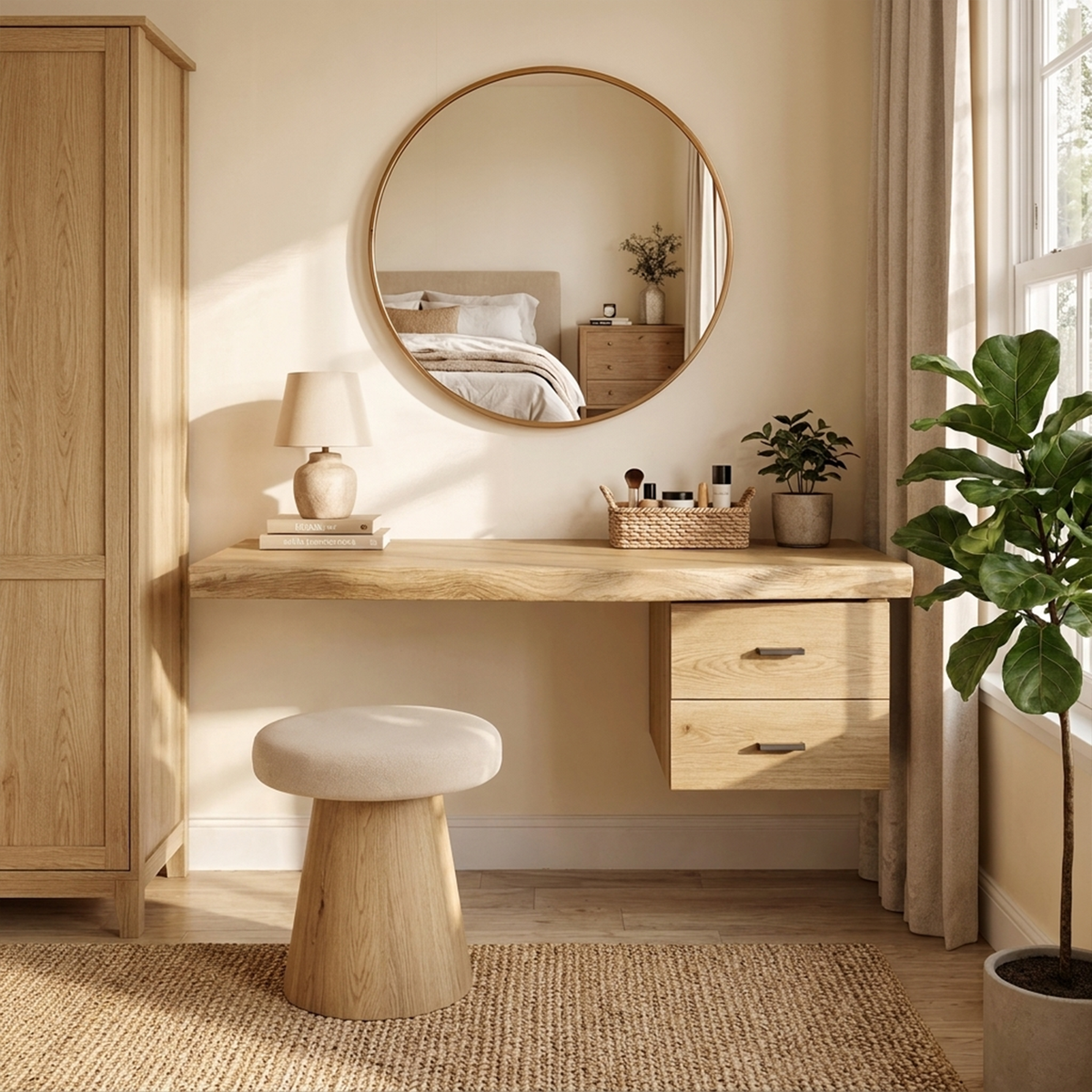 Floating Dressing Table with Drawer, Modern Organic Solid Wood Vanity