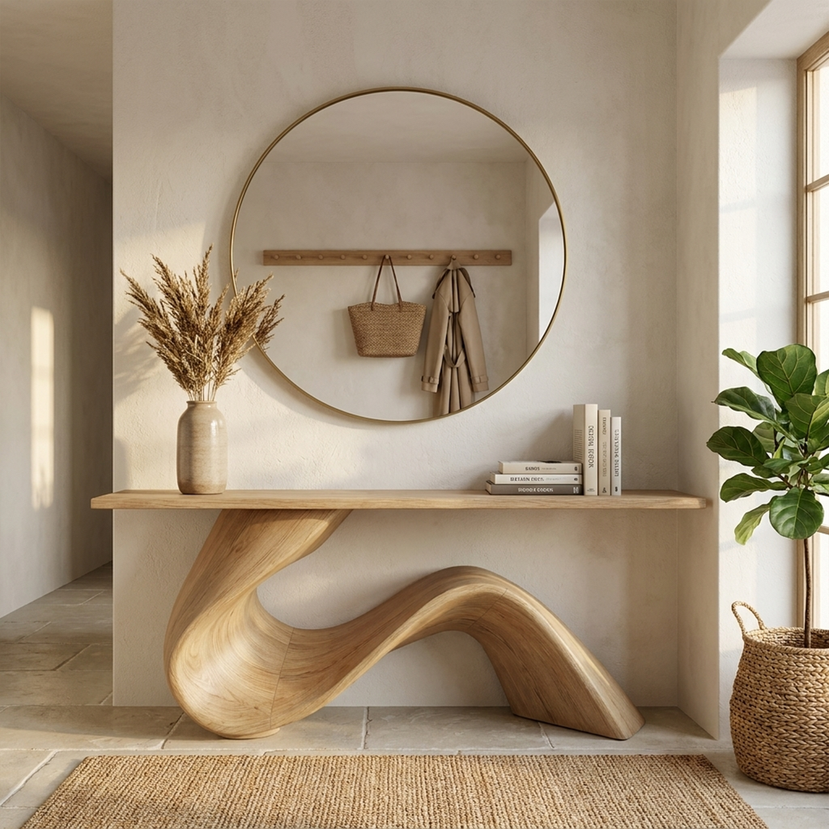 Console Table, Flowing Sculpted Solid Wood Entryway and Hallway Table