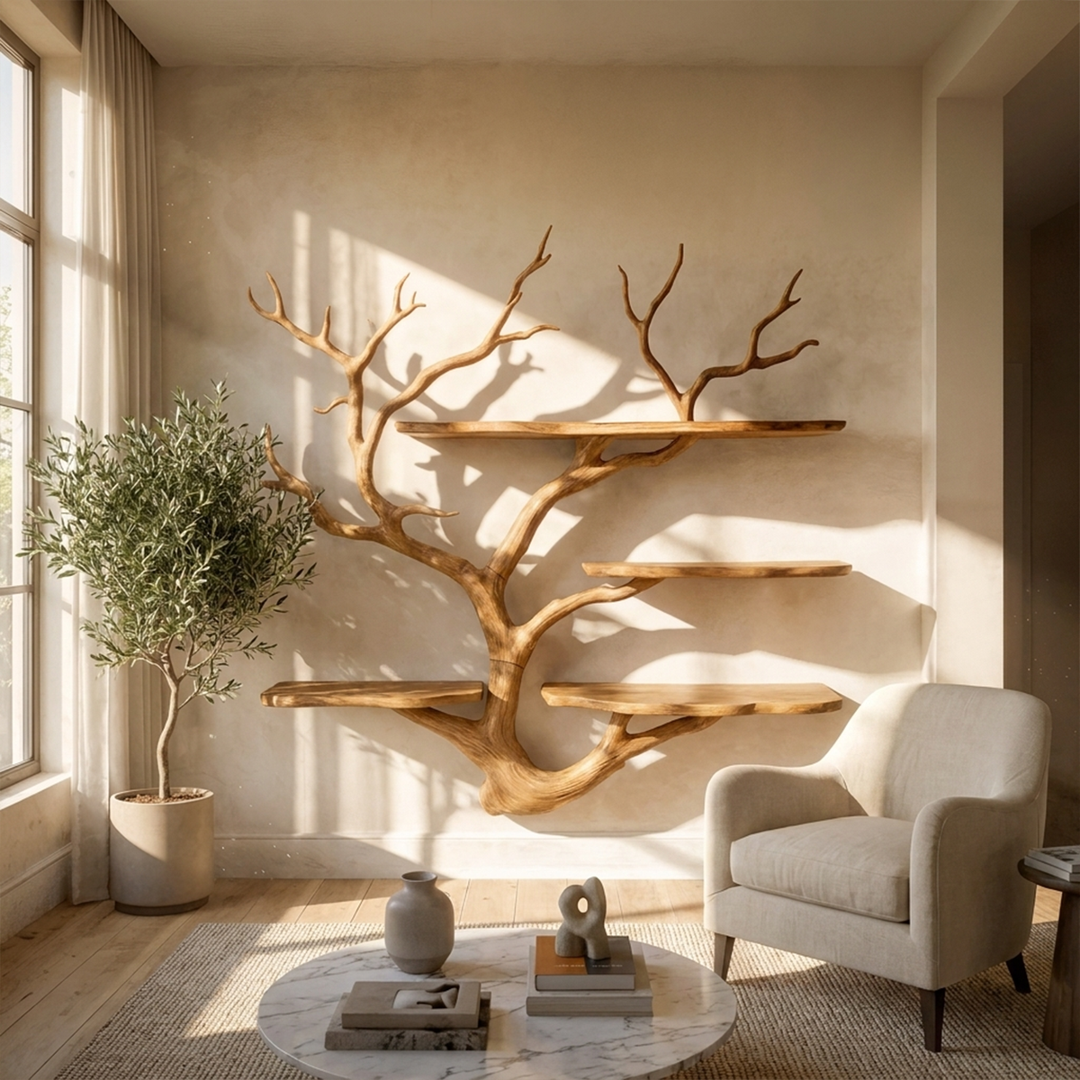 Sculptural Tree Wall Shelf, Branch Floating Bookshelf for Art Studio