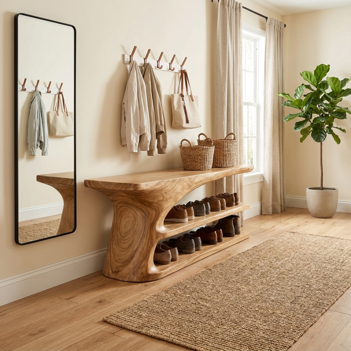 Hallway Shoe Bench, Mid Century Natural Wood Storage Bench