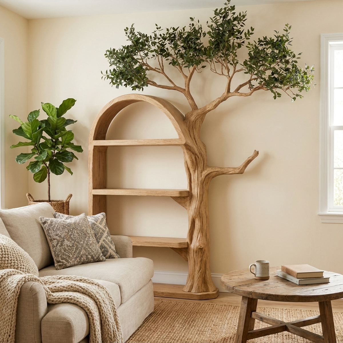 Rustic Tree Bookshelf, Wall Mounted Branch Display for Living Room