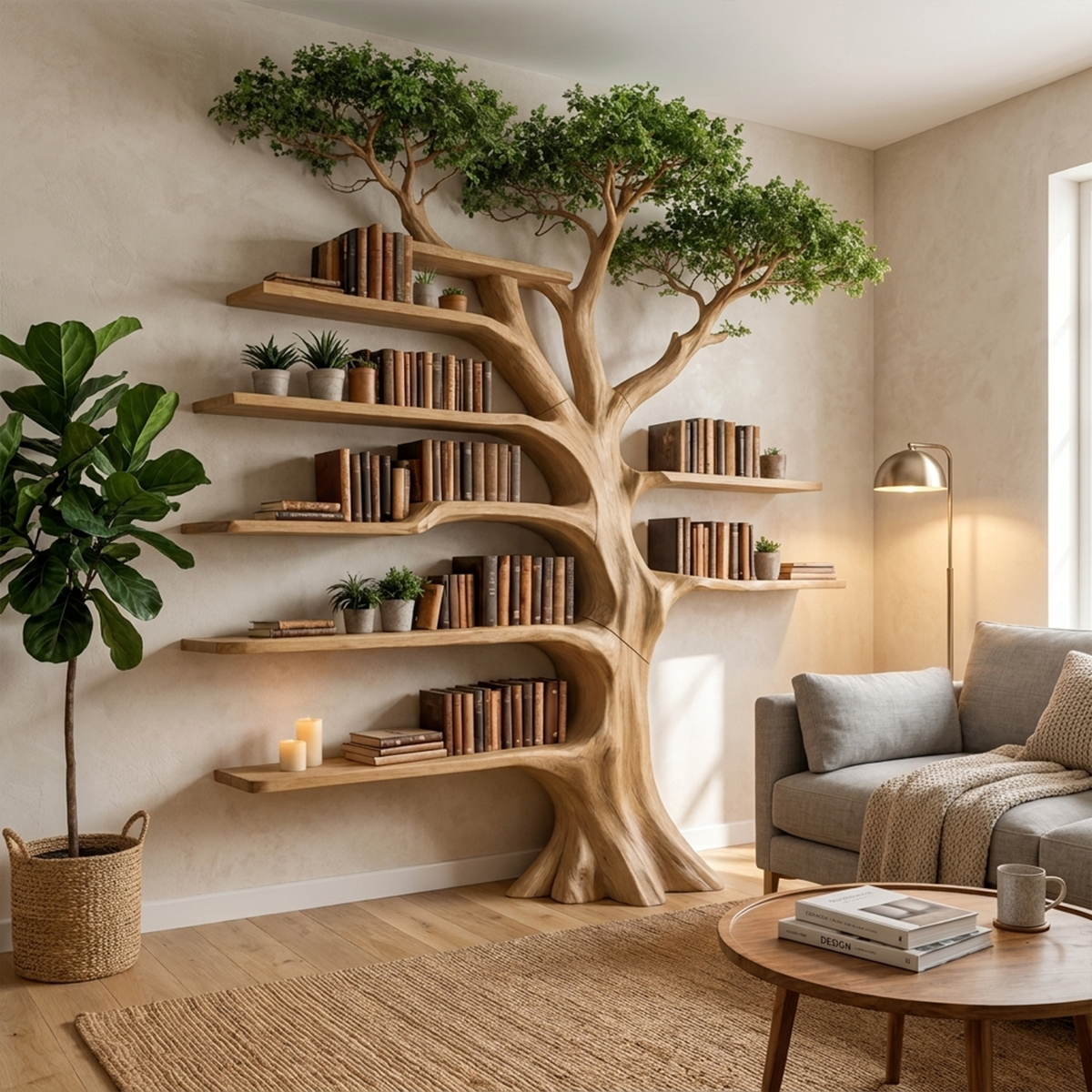 Tree Bookcase with Built-In Reading Bench, Nature Inspired Display