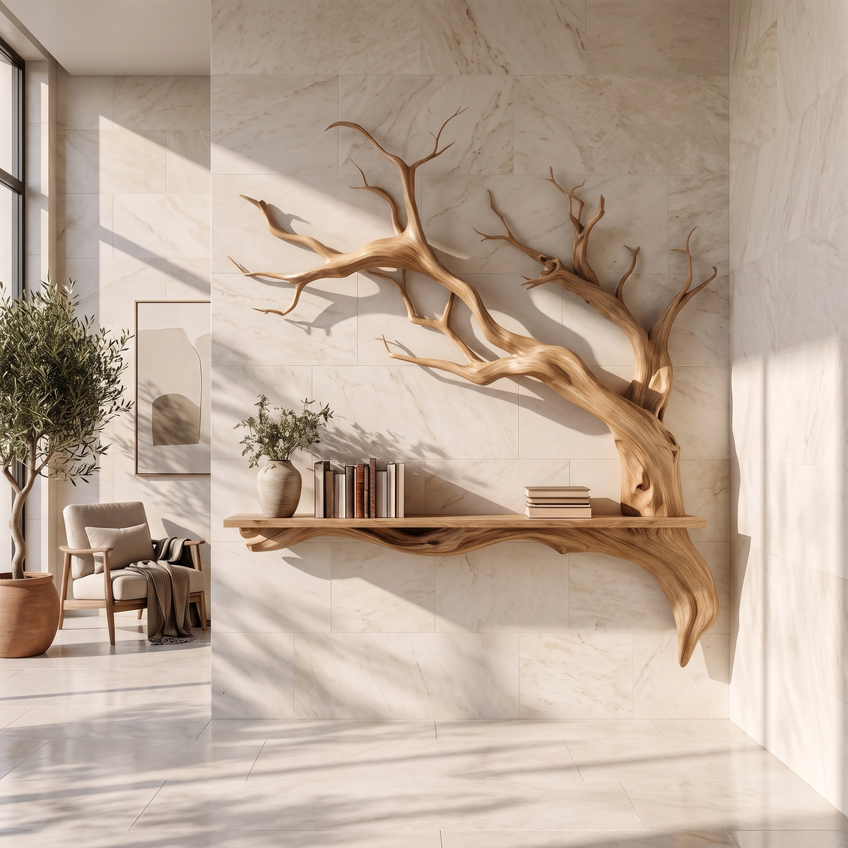 Tree Branch Wall Shelf, Rustic Solid Wood Floating Shelf with Branch