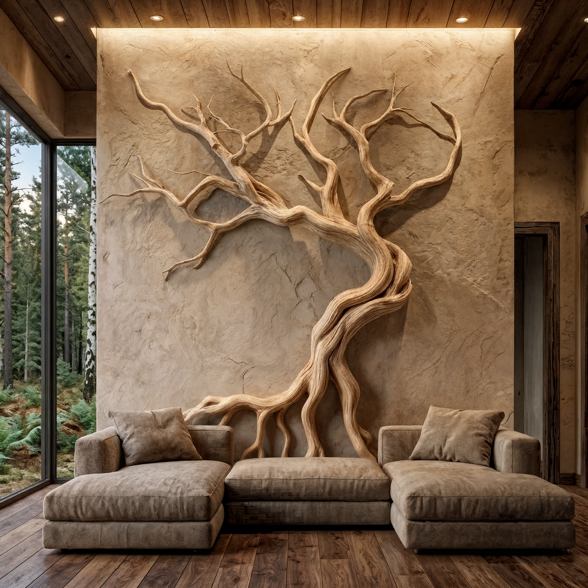 Tree Branch Wall Sculpture, Carved Hand and Clover Wood Wall Art