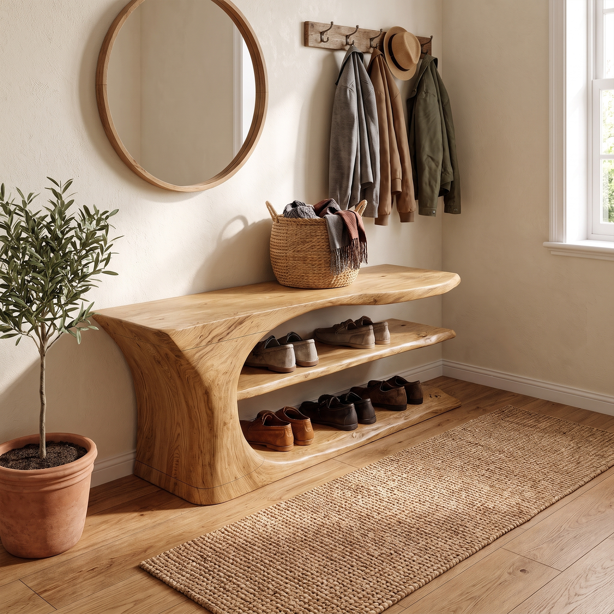 Shoe Storage Bench, Mid Century Handcrafted Solid Wood Entryway Seat